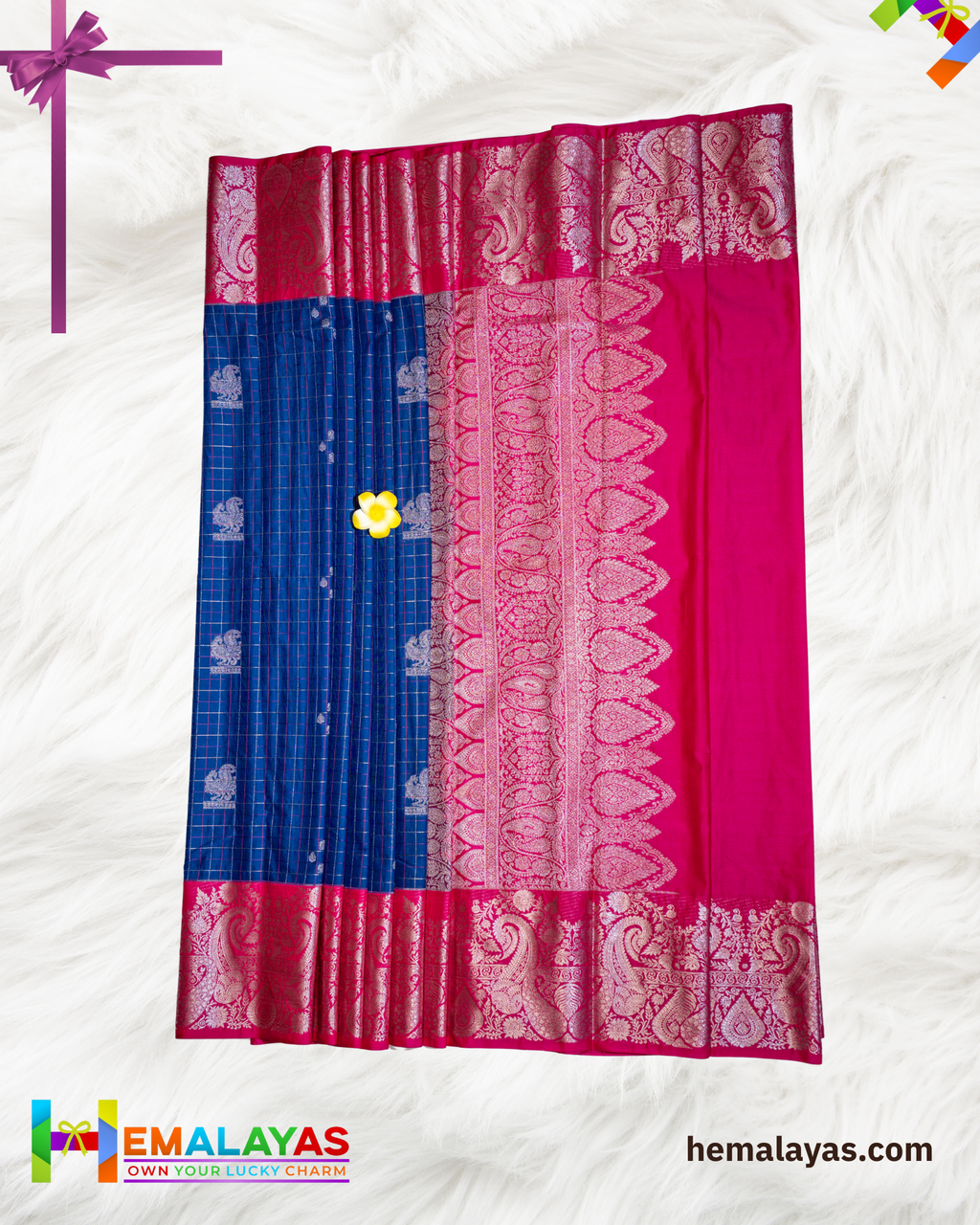 Royal Blue Body with Pink Contrast Zari Pallu Luxury Soft Silk Saree