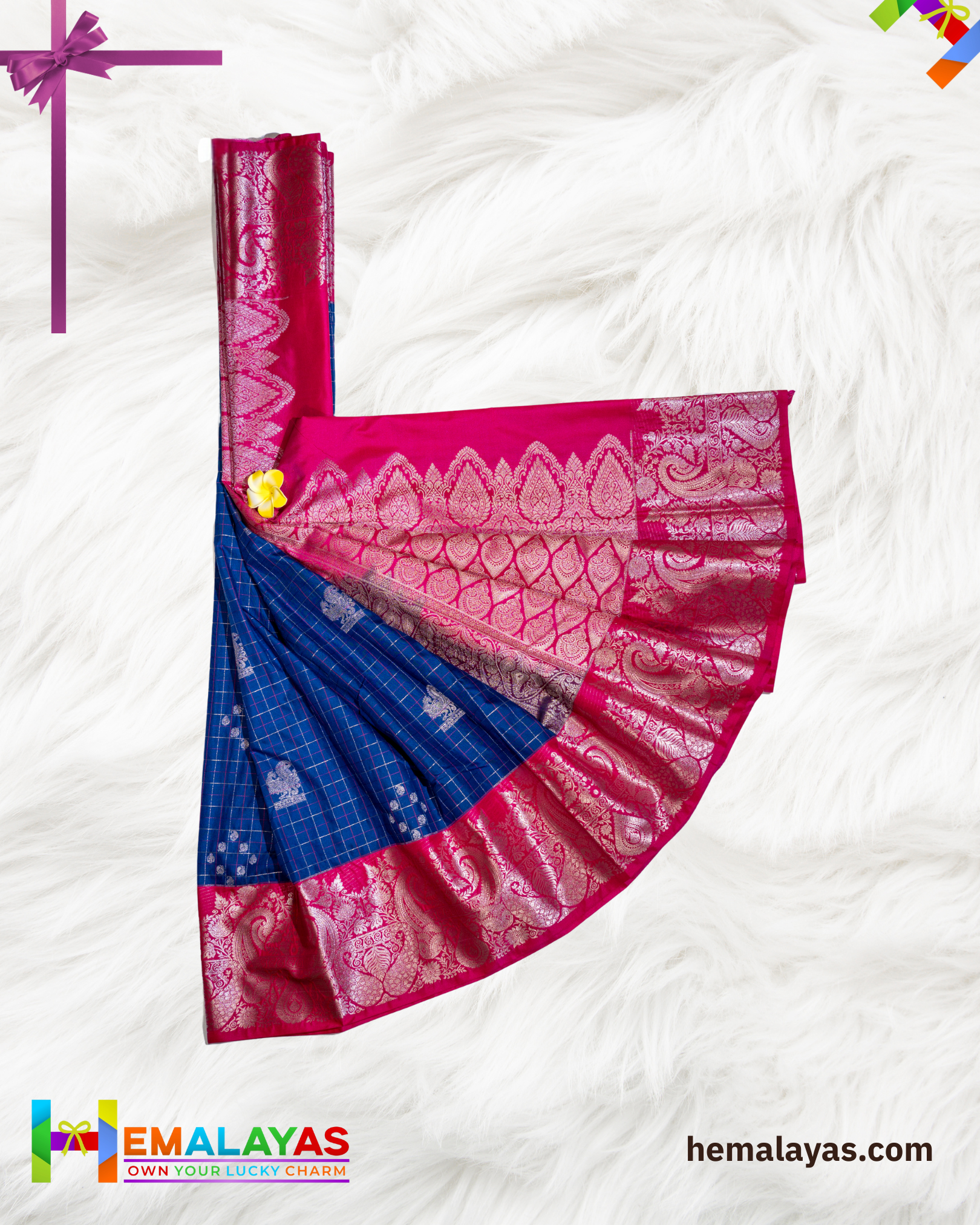 Royal Blue Body with Pink Contrast Zari Pallu Luxury Soft Silk Saree