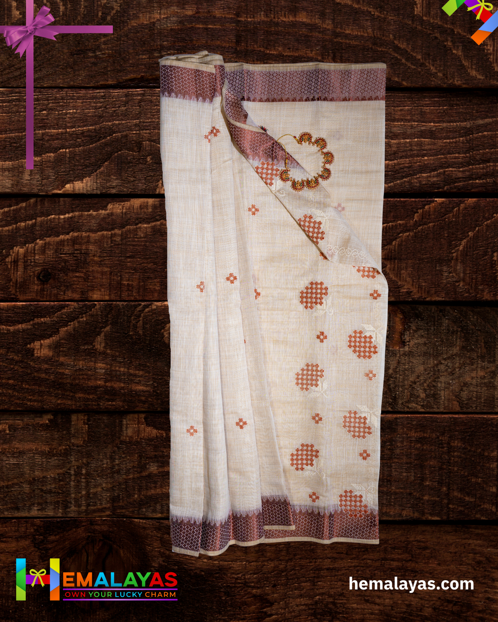 Ivory & Rust Thread Work Semi Cotton Saree