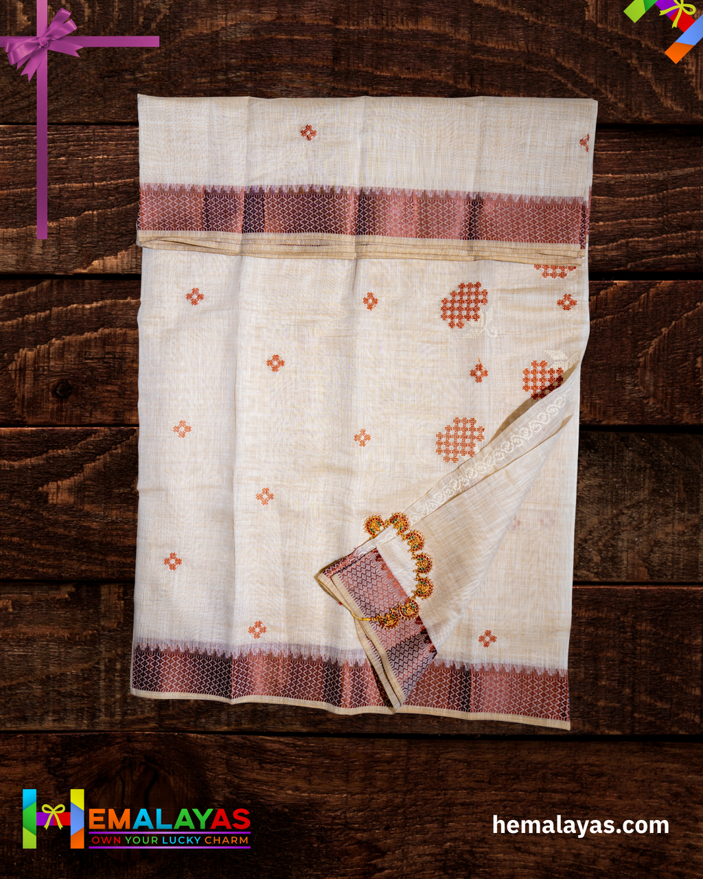 Ivory & Rust Thread Work Semi Cotton Saree