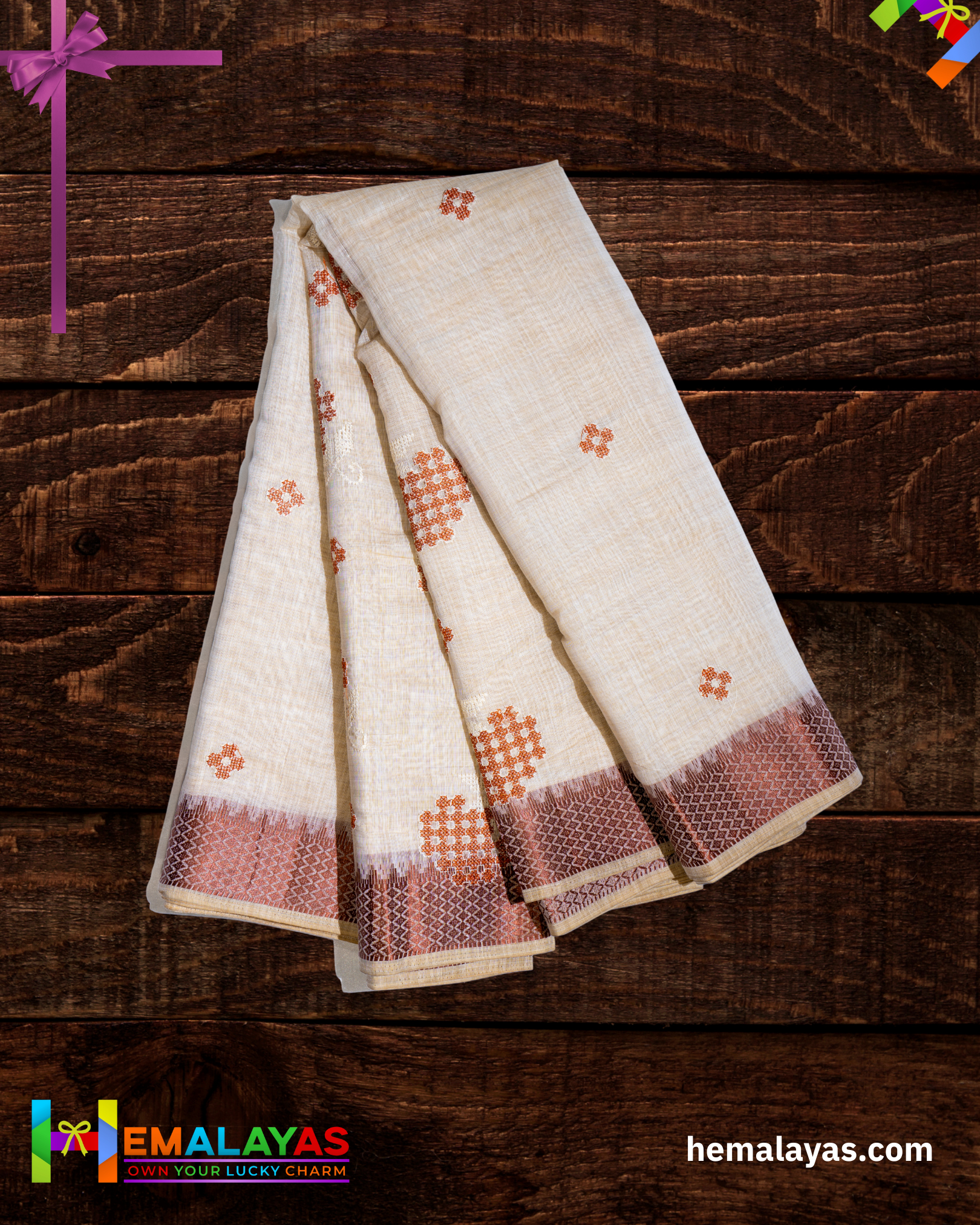 Ivory & Rust Thread Work Semi Cotton Saree