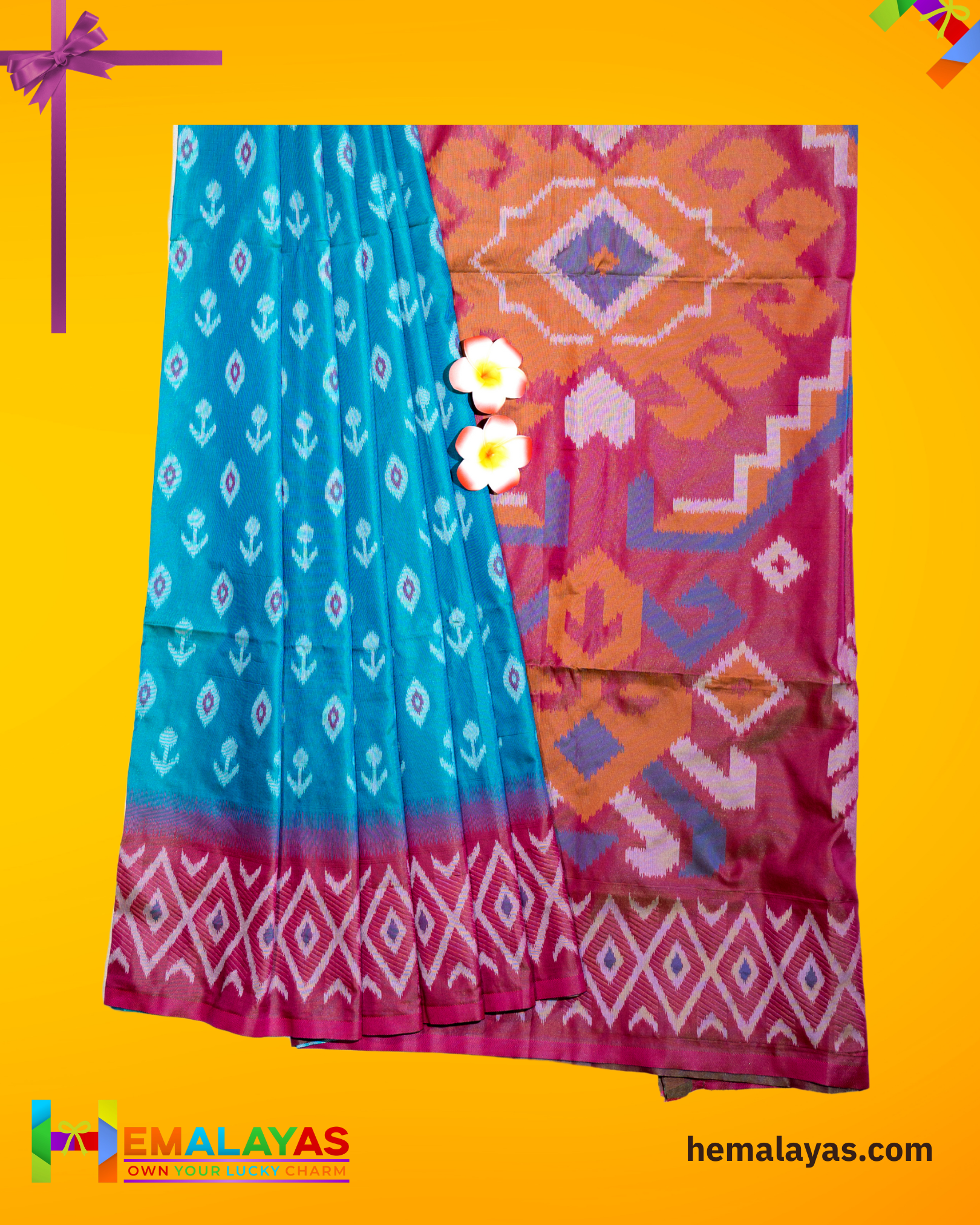 Anandha Blue Ikat Pochampally Silk Saree with Pink Woven Border