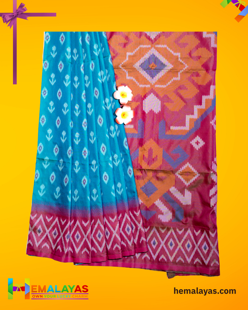 Anandha Blue Ikat Pochampally Silk Saree with Pink Woven Border