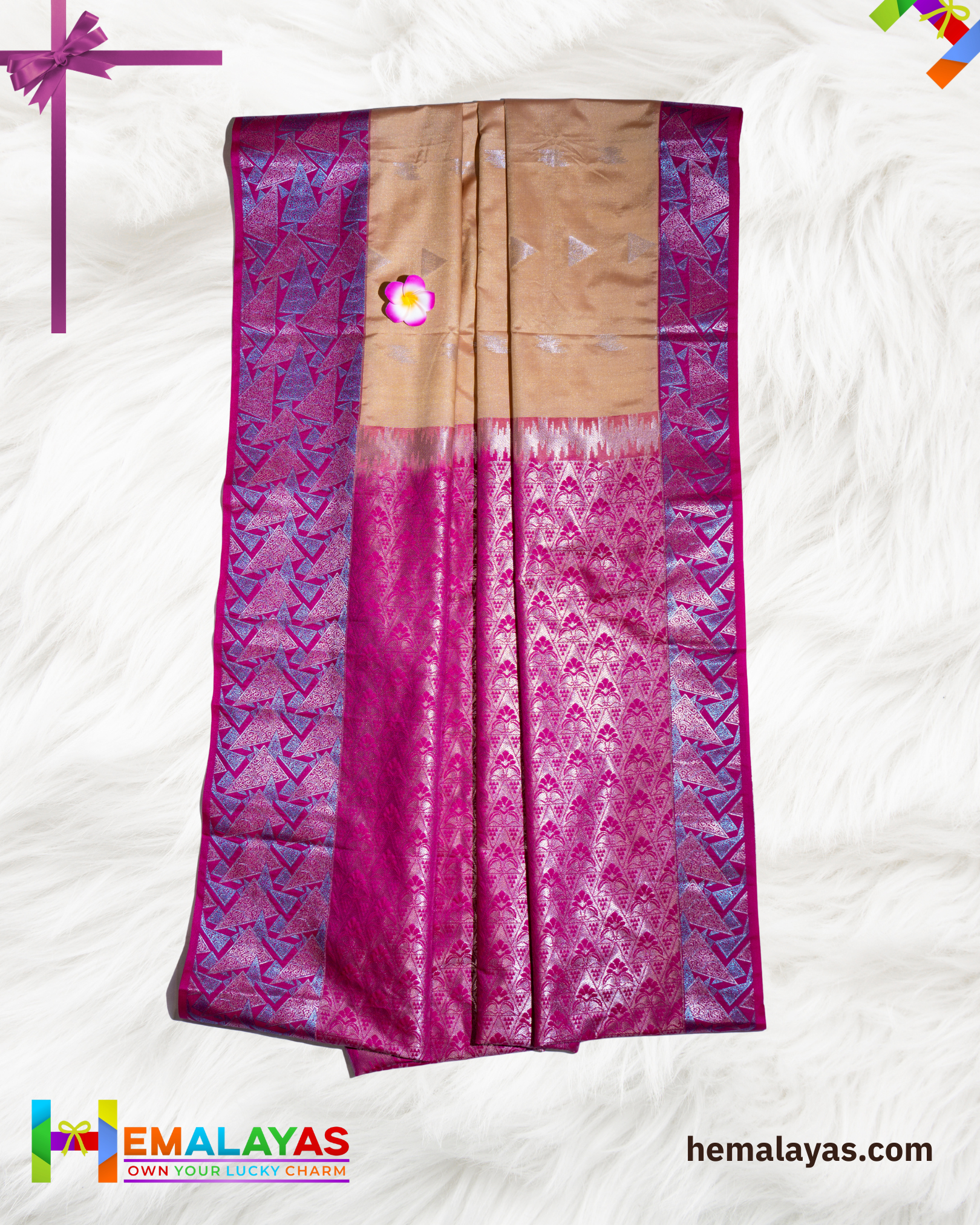 Golden Beige & Pink Luxury Soft Silk Saree