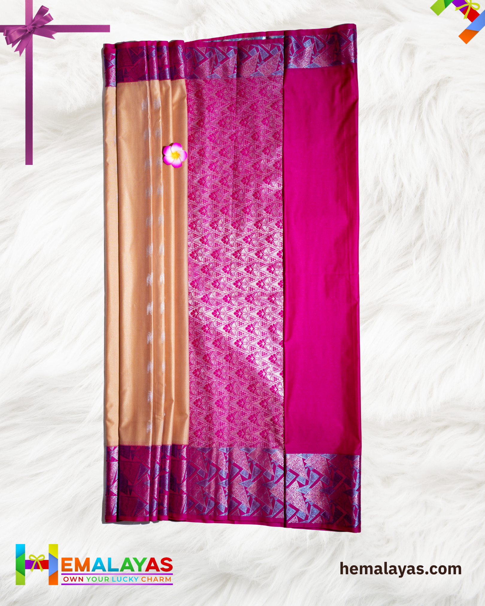Golden Beige & Pink Luxury Soft Silk Saree