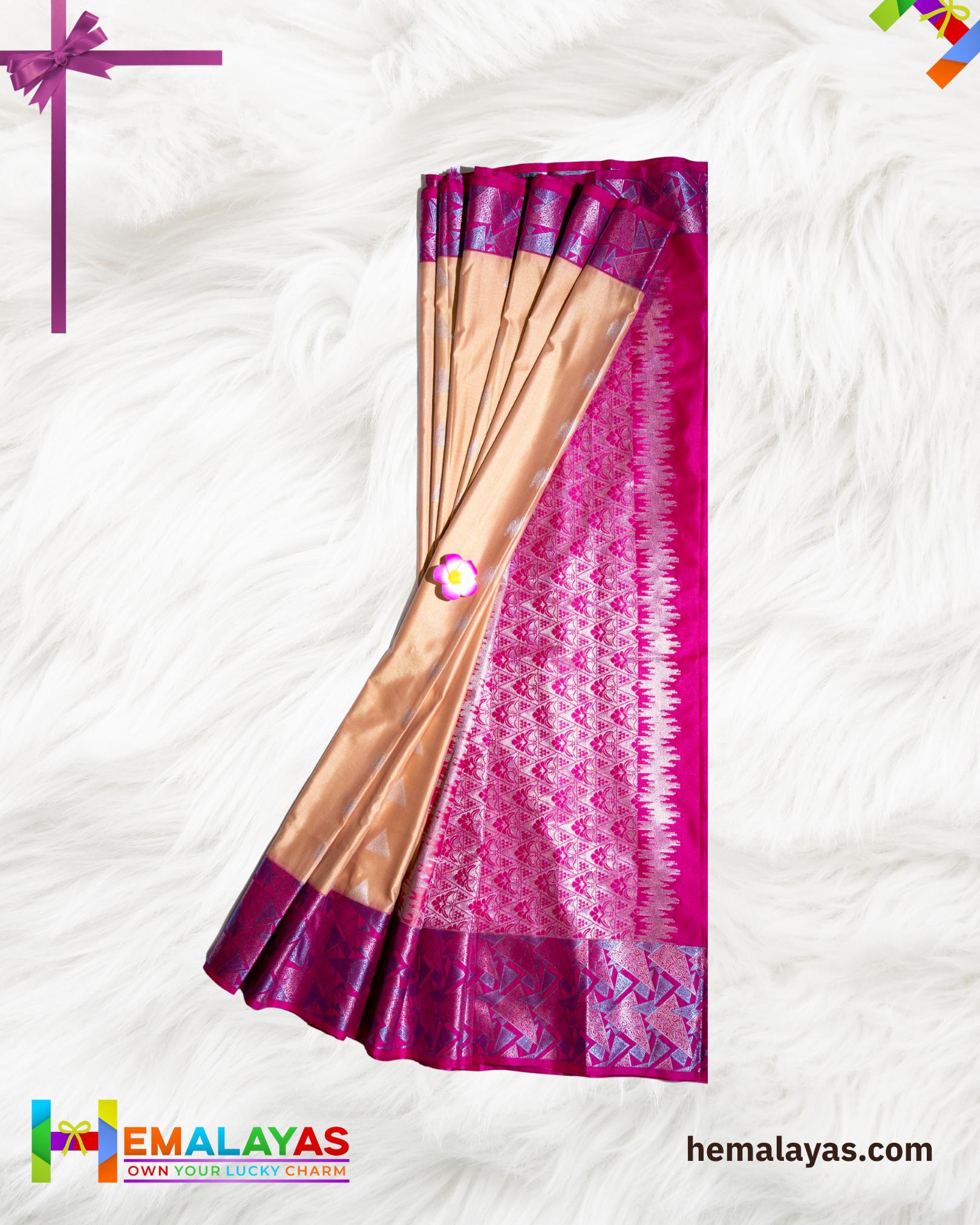 Golden Beige & Pink Luxury Soft Silk Saree