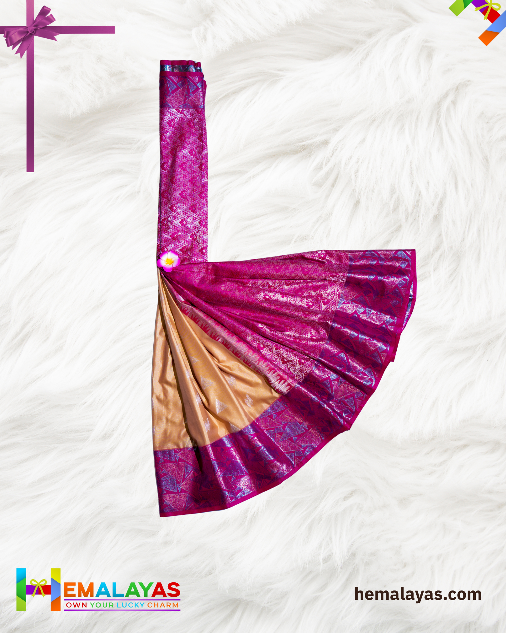 Golden Beige & Pink Luxury Soft Silk Saree