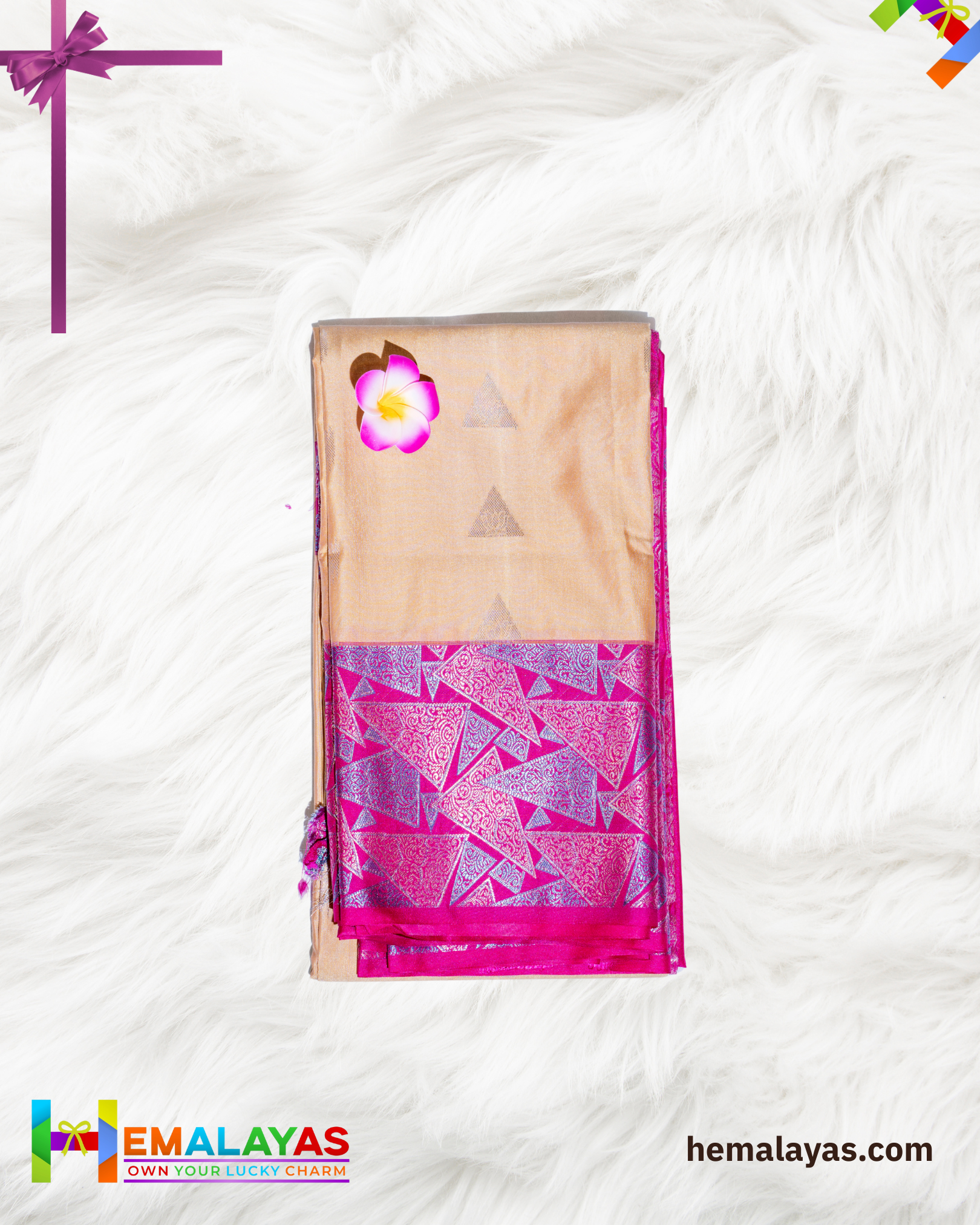 Golden Beige & Pink Luxury Soft Silk Saree