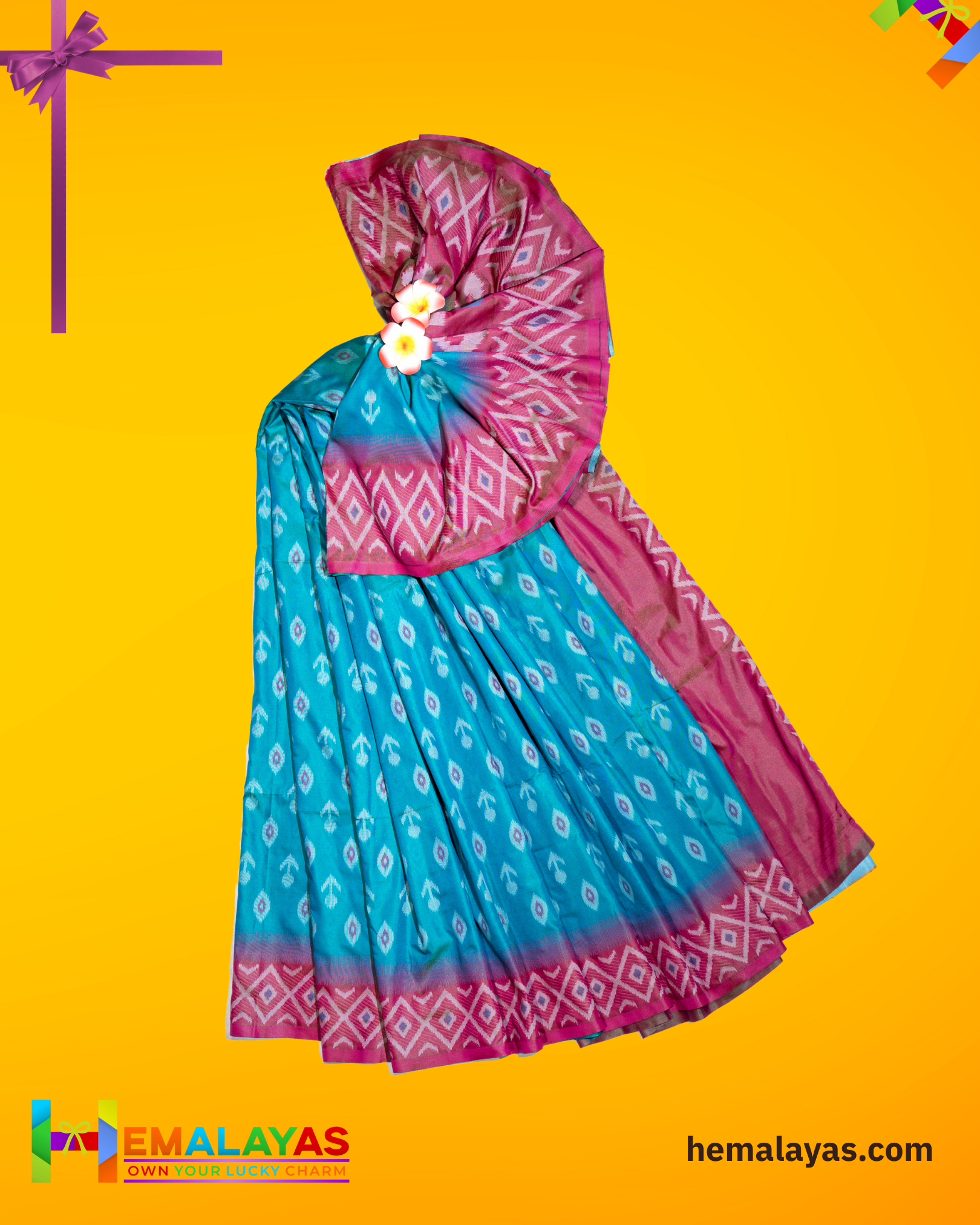 Anandha Blue Ikat Pochampally Silk Saree with Pink Woven Border