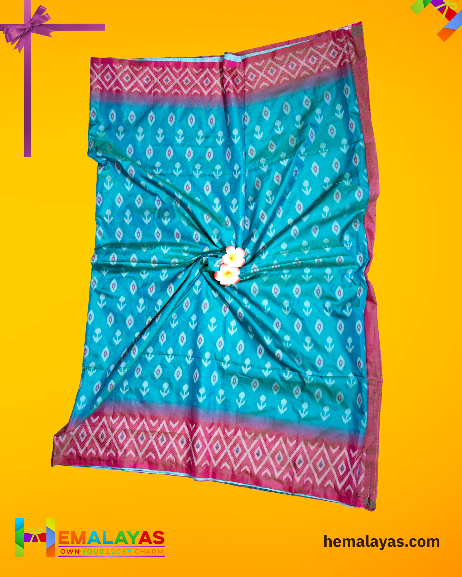 Anandha Blue Ikat Pochampally Silk Saree with Pink Woven Border