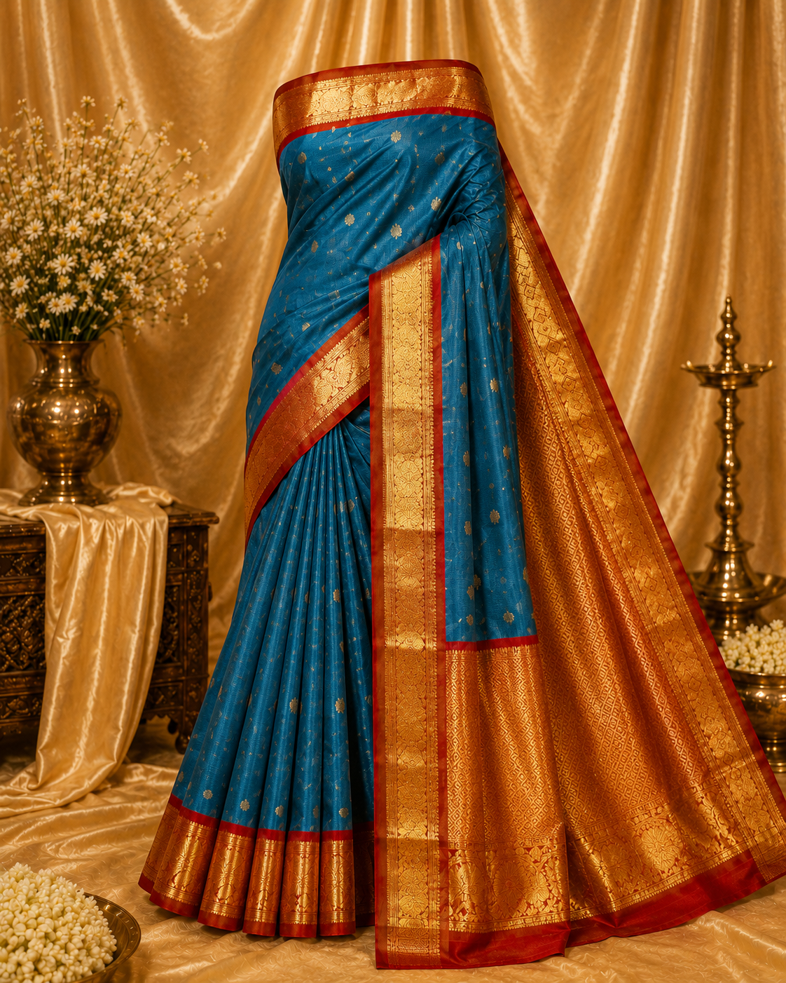 Anantha Blue with Red Border Vaira Voosi Kanchi Semi Silk Saree