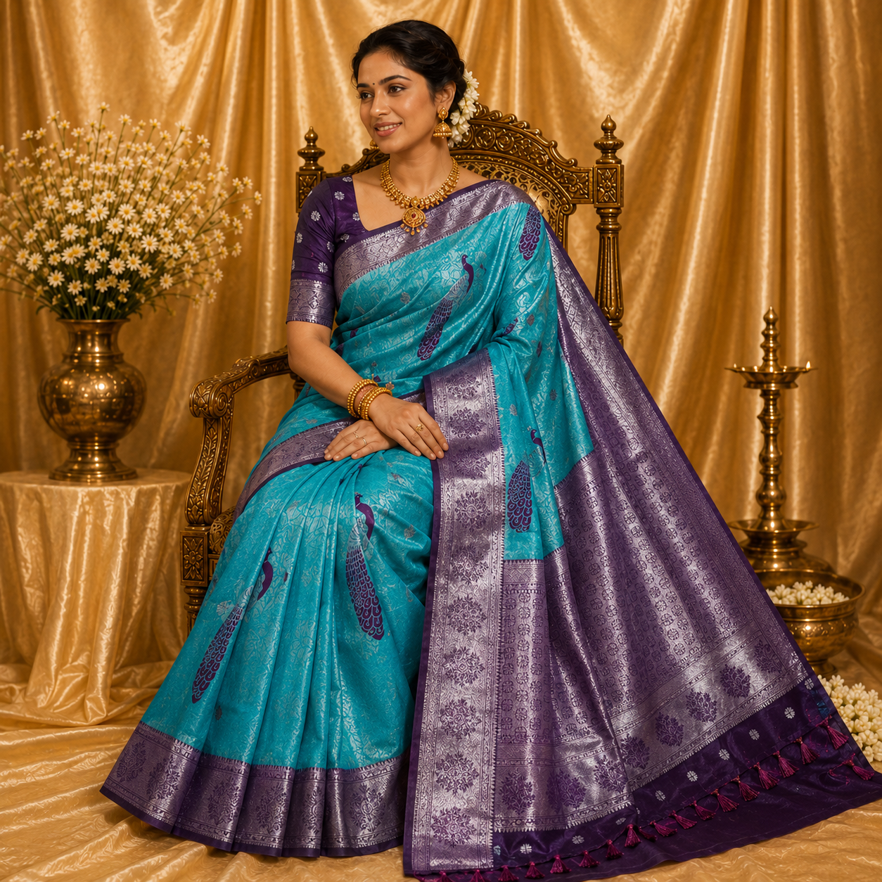 Aqua Blue and Royal Purple Kanchipuram Semi-Silk Saree