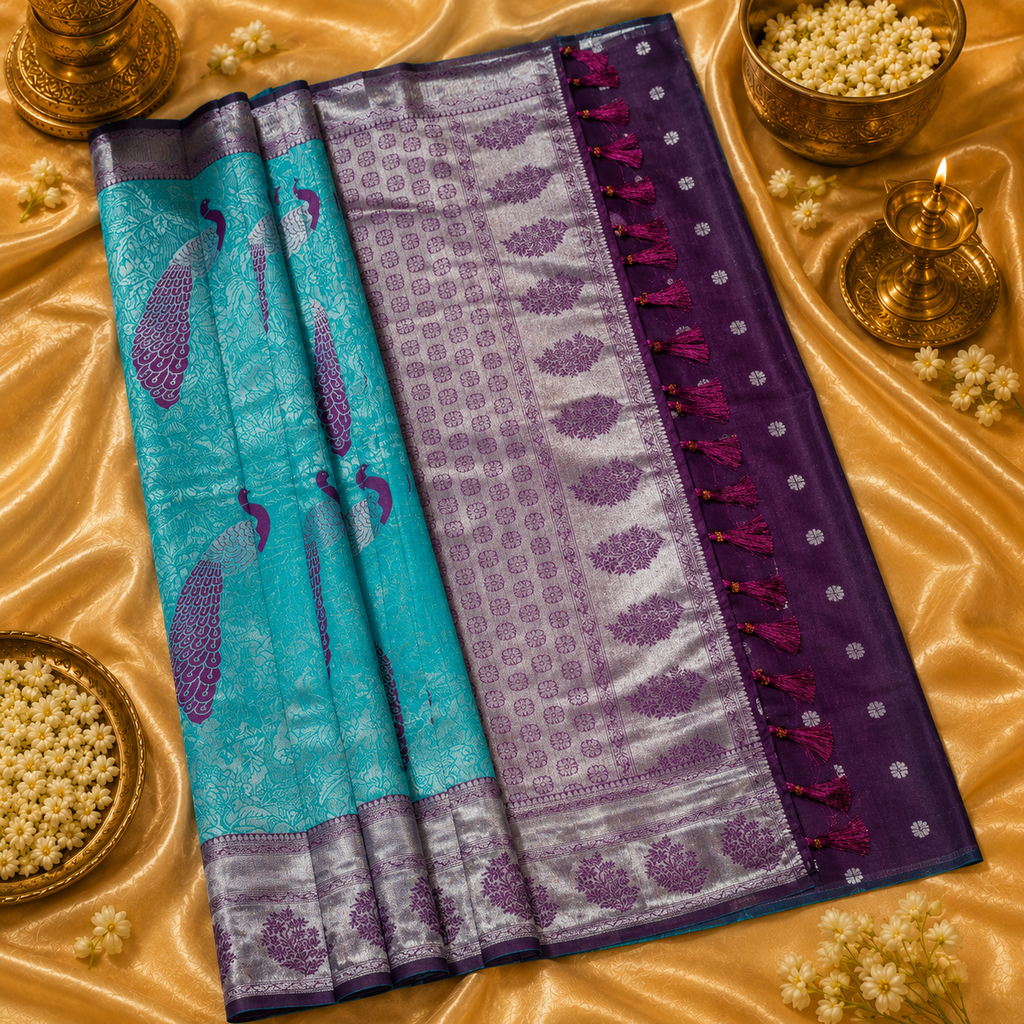 Aqua Blue and Royal Purple Kanchipuram Semi-Silk Saree