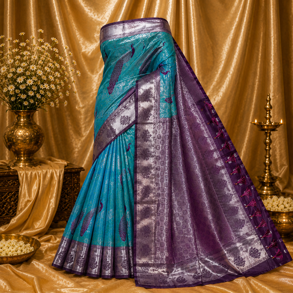 Aqua Blue and Royal Purple Kanchipuram Semi-Silk Saree