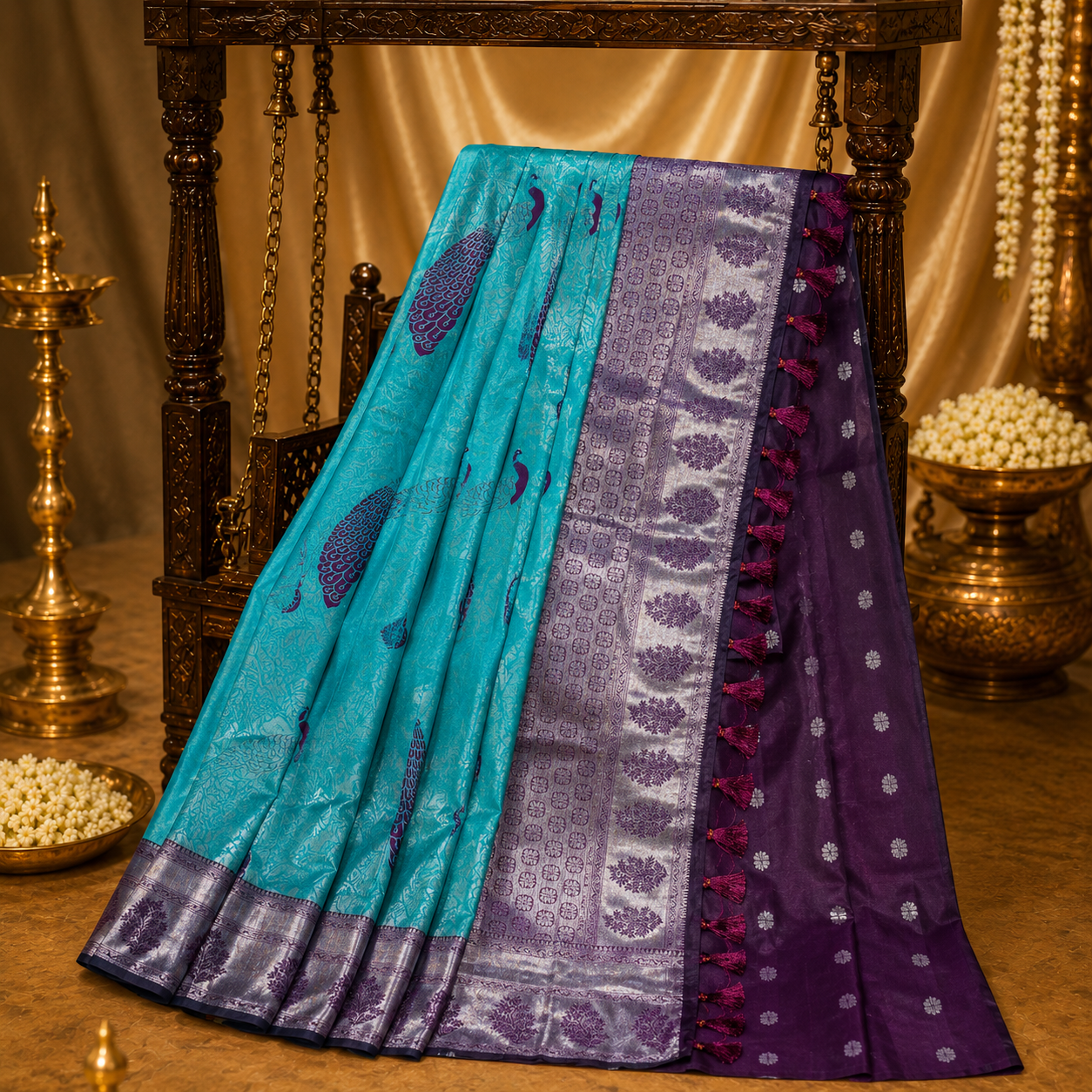 Aqua Blue and Royal Purple Kanchipuram Semi-Silk Saree