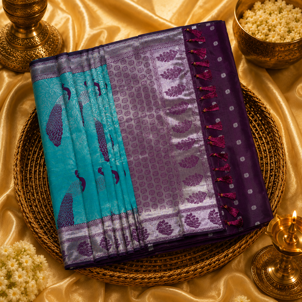 Aqua Blue and Royal Purple Kanchipuram Semi-Silk Saree
