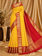 Classic Yellow Kanchipuram Silk Saree with Rich Red Korvai Border