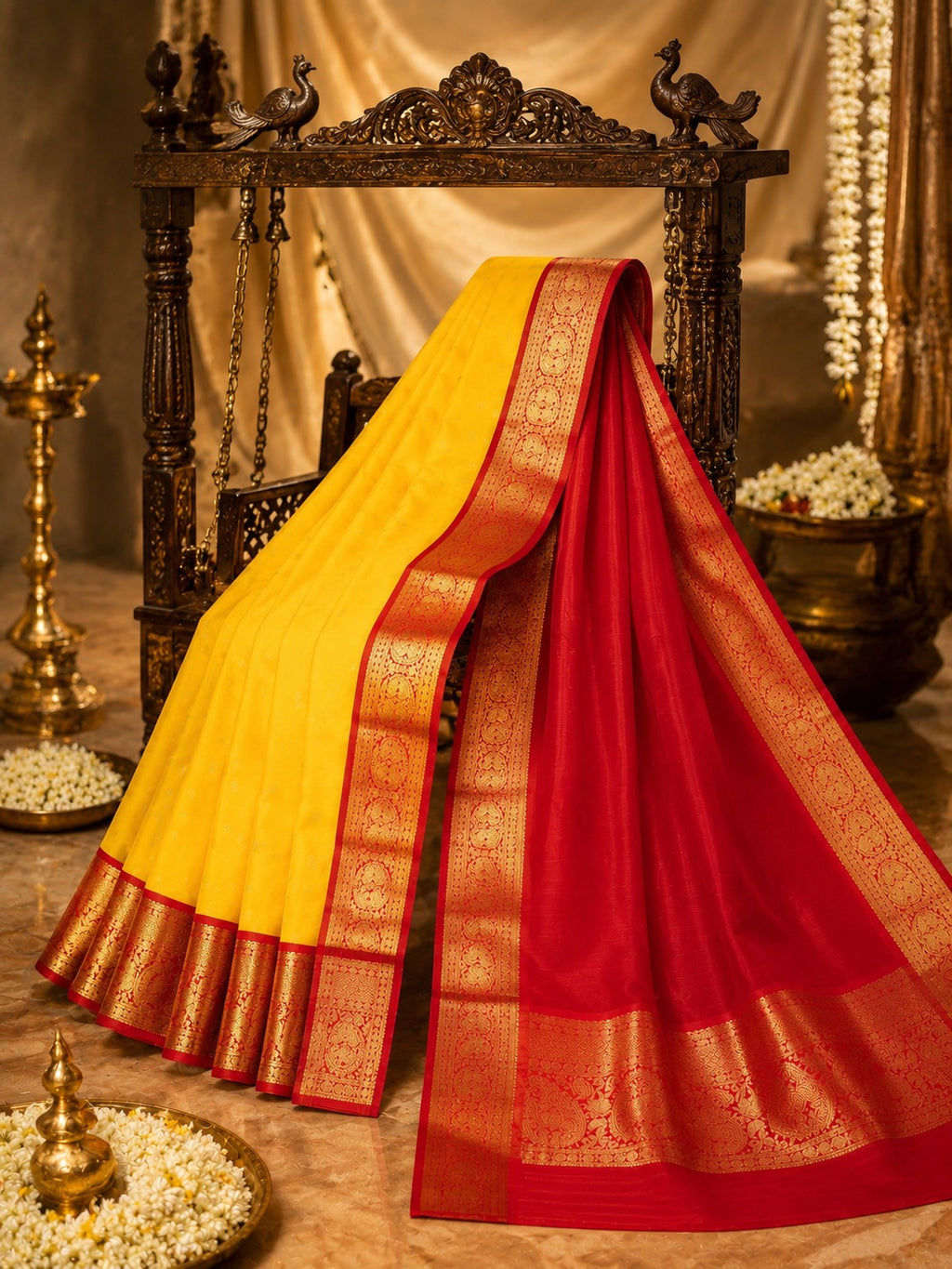 Classic Yellow Kanchipuram Silk Saree with Rich Red Korvai Border