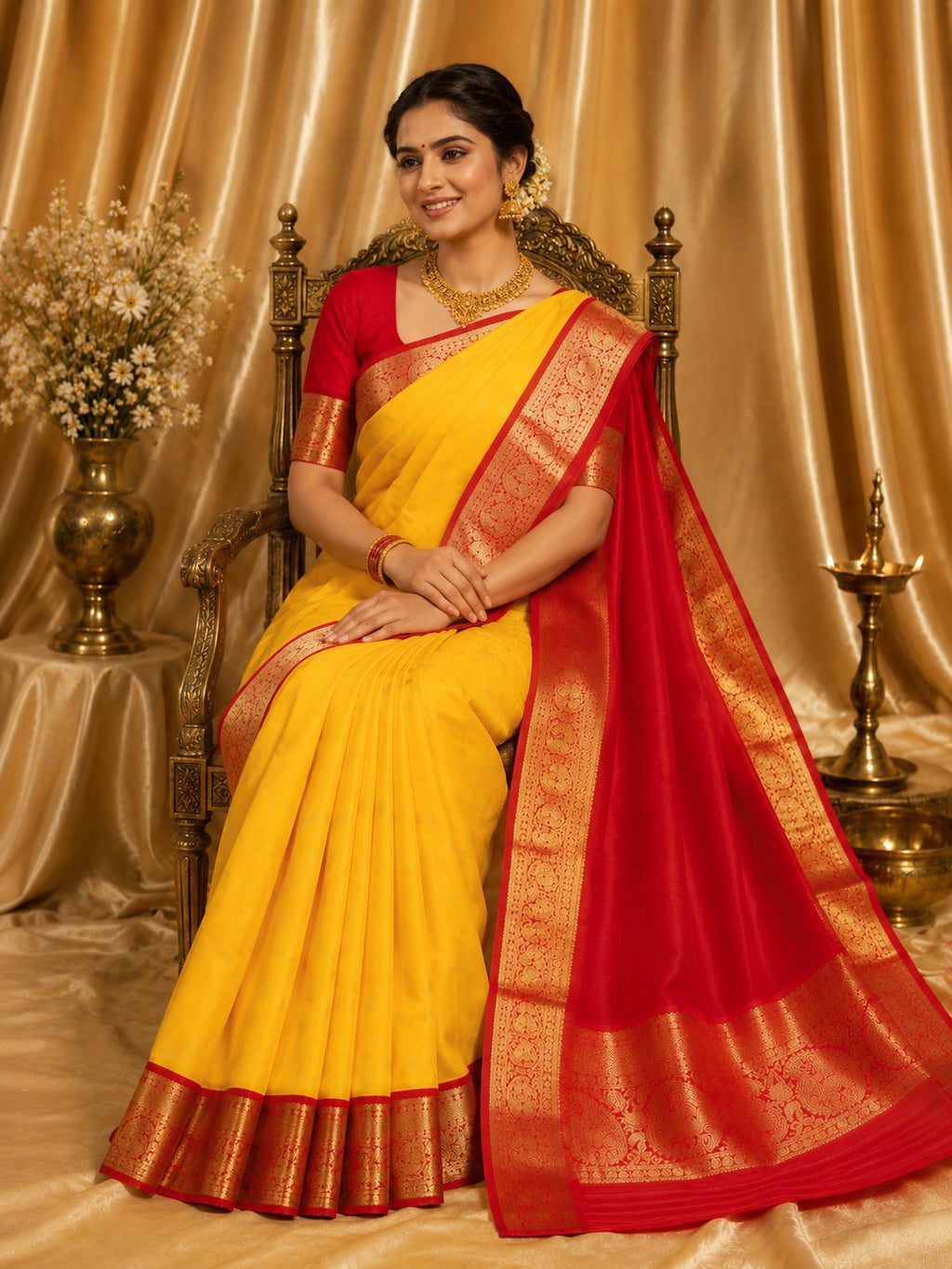 Classic Yellow Kanchipuram Silk Saree with Rich Red Korvai Border
