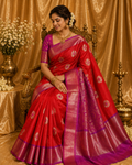 Coral Red Kanchipuram Handloom Pure Silk Saree with Zari Motifs