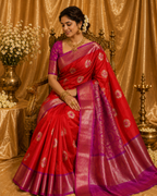 Coral Red Kanchipuram Handloom Pure Silk Saree with Zari Motifs