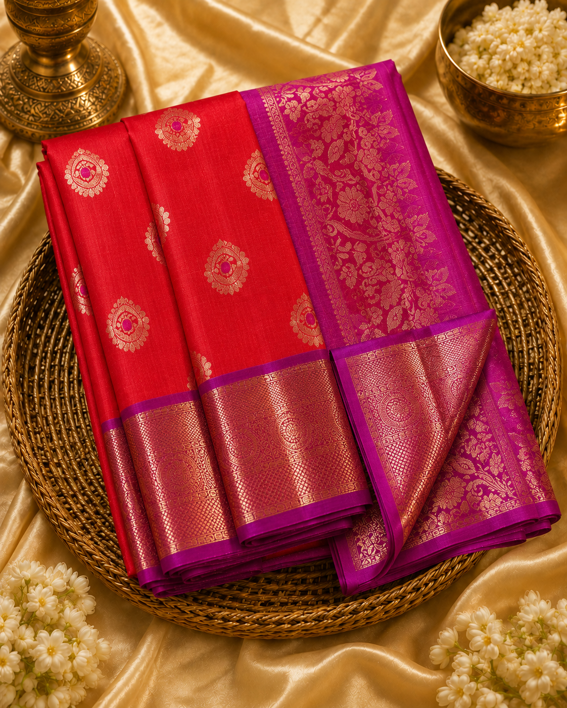 Coral Red Kanchipuram Handloom Pure Silk Saree with Zari Motifs