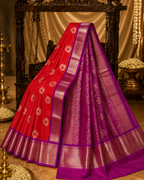 Coral Red Kanchipuram Handloom Pure Silk Saree with Zari Motifs
