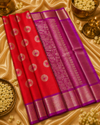 Coral Red Kanchipuram Handloom Pure Silk Saree with Zari Motifs