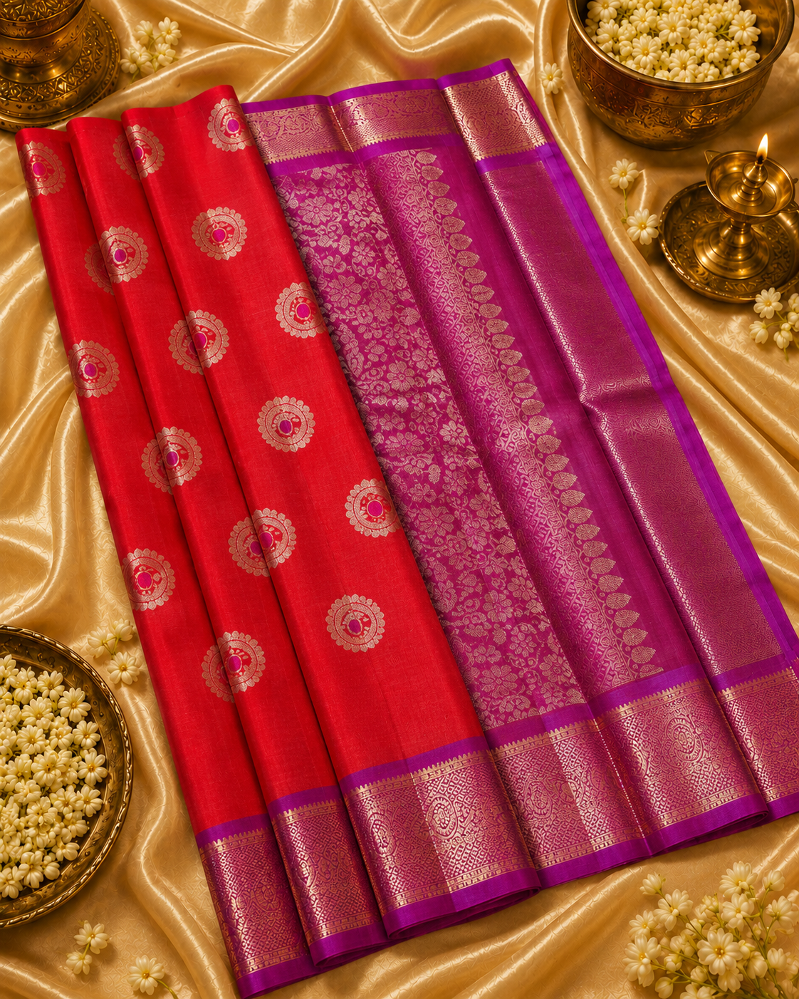 Coral Red Kanchipuram Handloom Pure Silk Saree with Zari Motifs