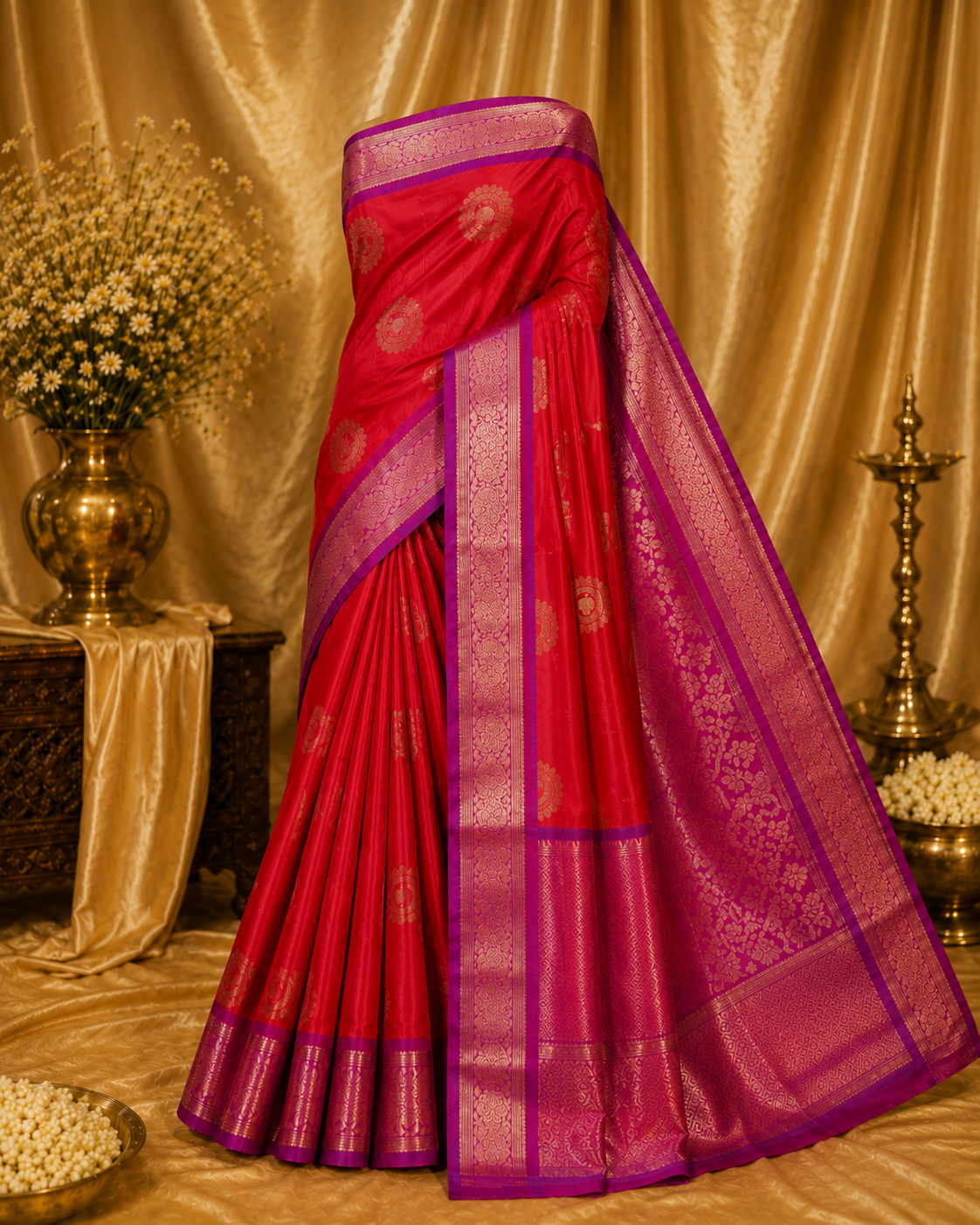 Coral Red Kanchipuram Handloom Pure Silk Saree with Zari Motifs