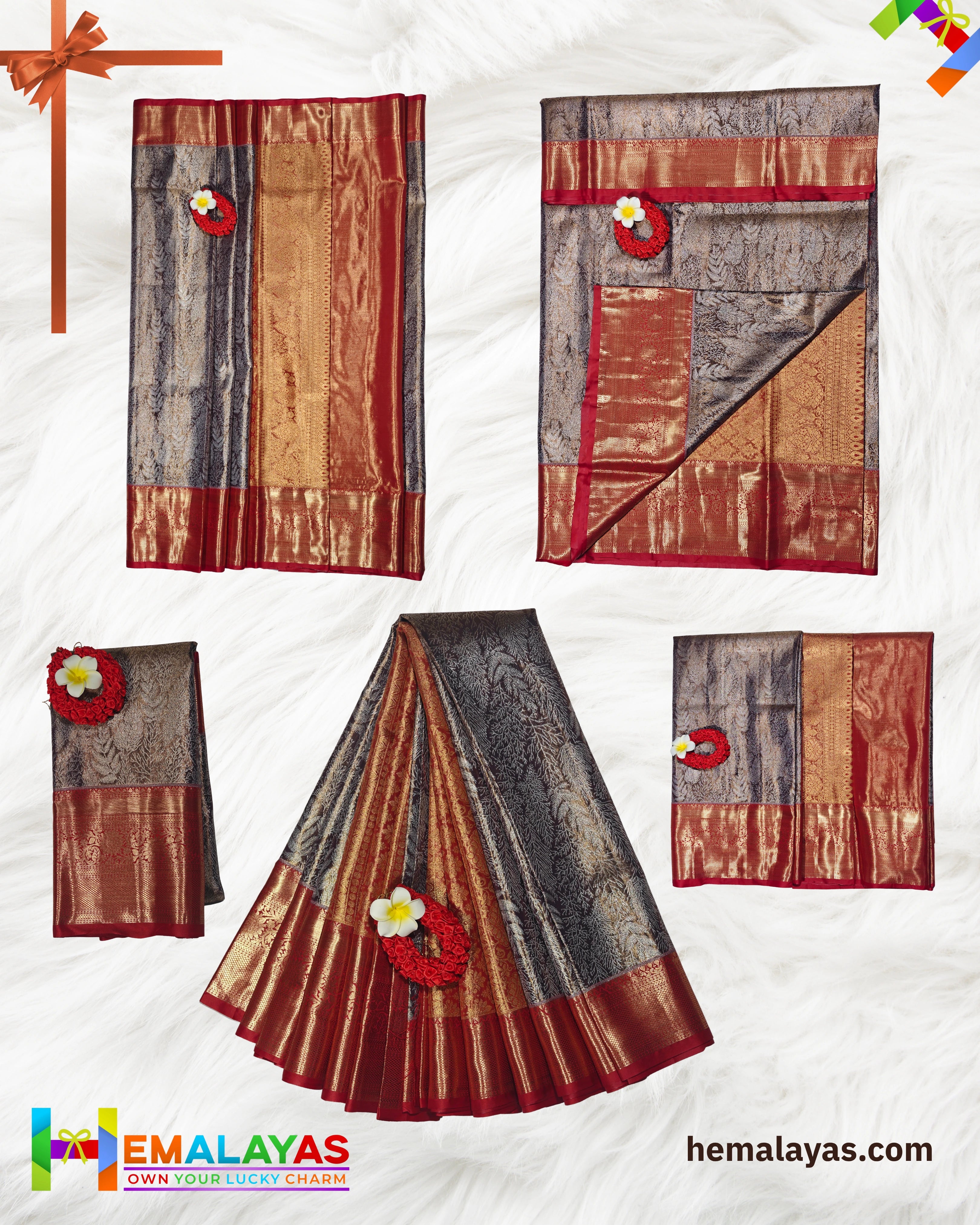 Coffee Brown & Red Bridal Brocade Saree – Kanchipuram Inspired Look