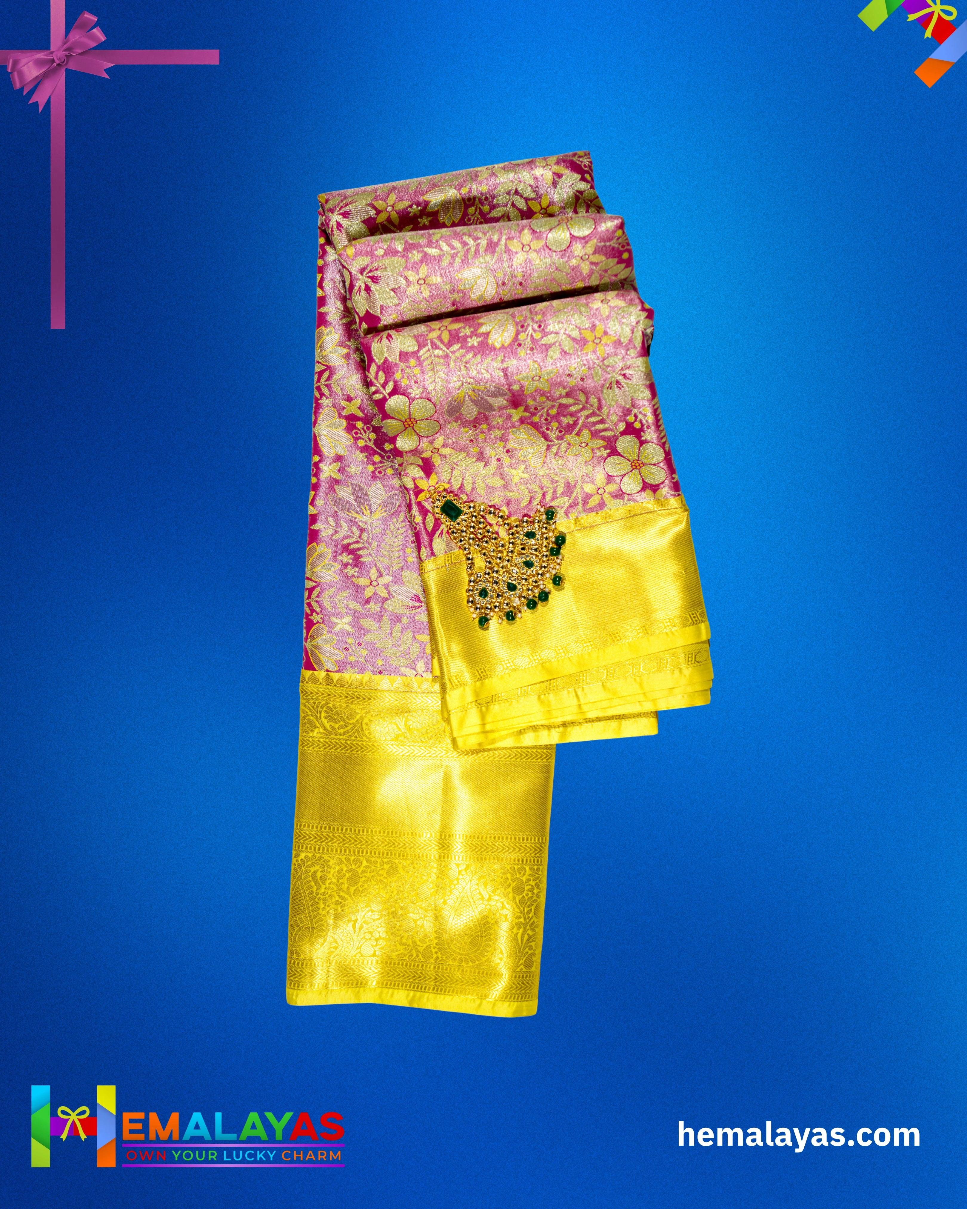 Pink with Yellow Border Bridal Brocade Saree – Kanchipuram Inspired Look