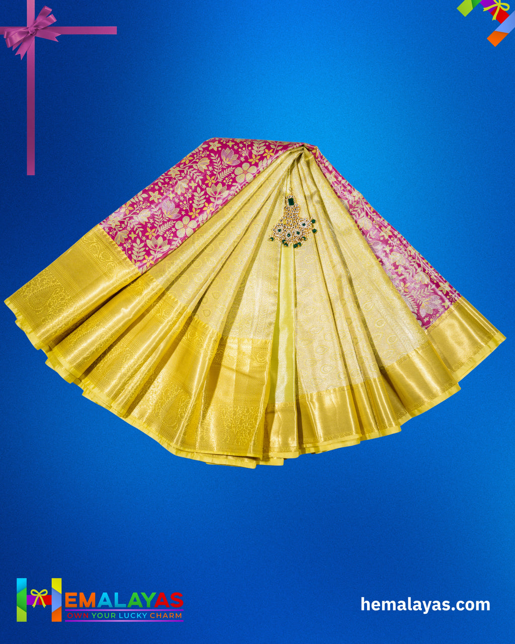 Pink with Yellow Border Bridal Brocade Saree – Kanchipuram Inspired Look