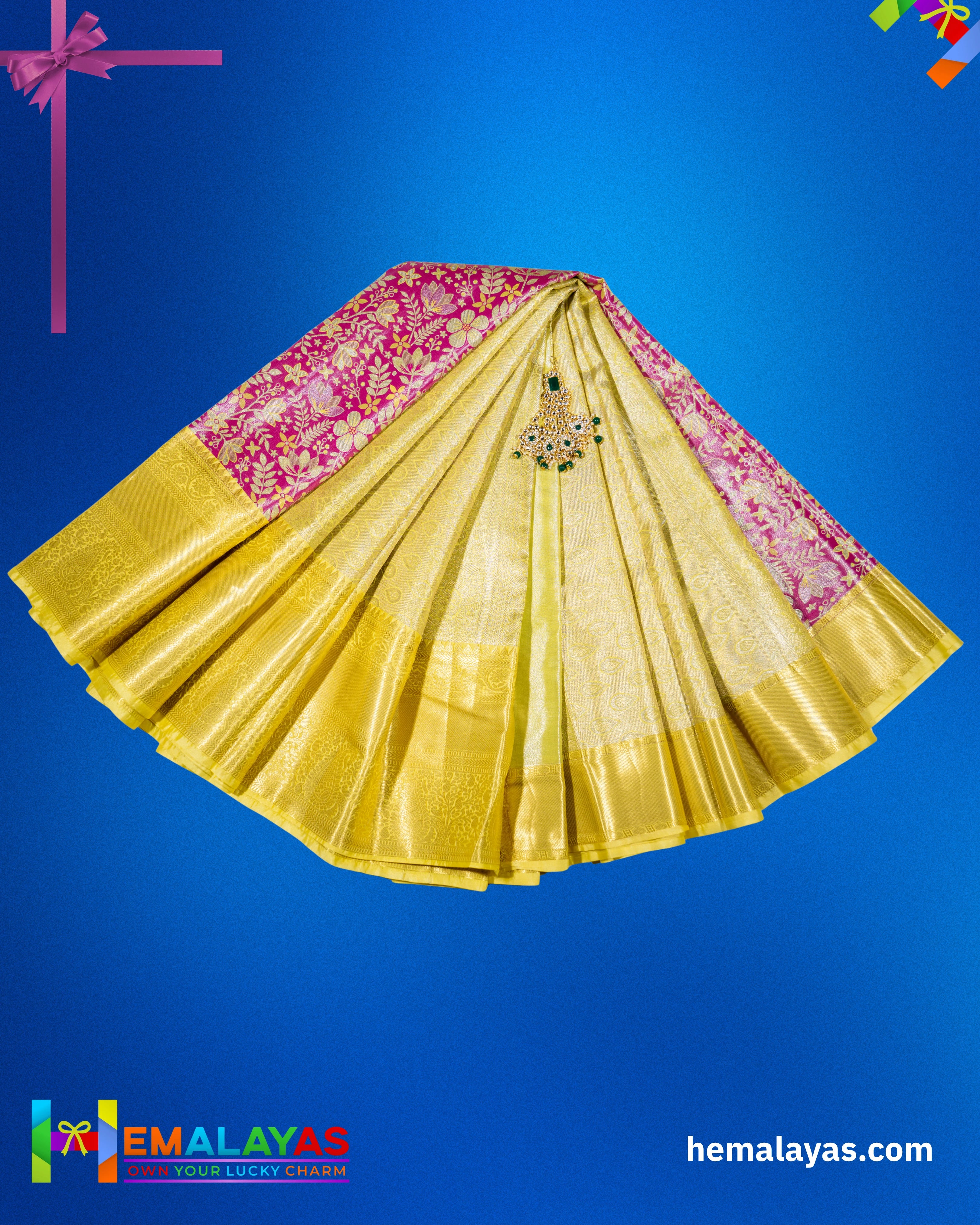 Pink with Yellow Border Bridal Brocade Saree – Kanchipuram Inspired Look