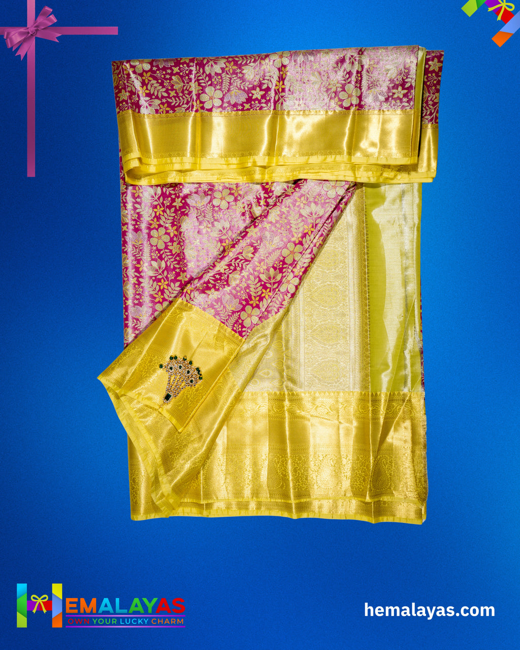 Pink with Yellow Border Bridal Brocade Saree – Kanchipuram Inspired Look