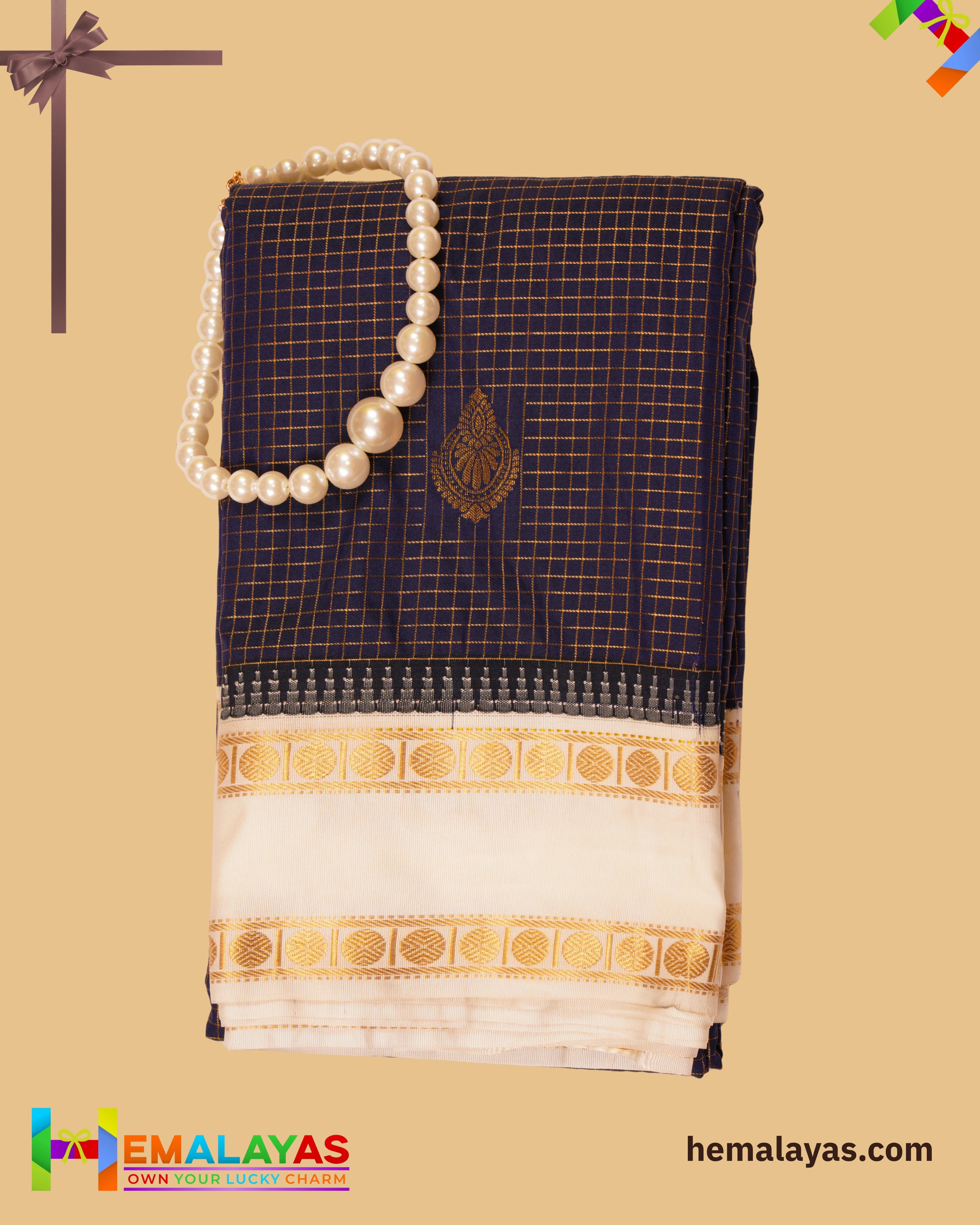Navy Blue & Cream Vaira Voosi Kanchi Semi Silk Saree