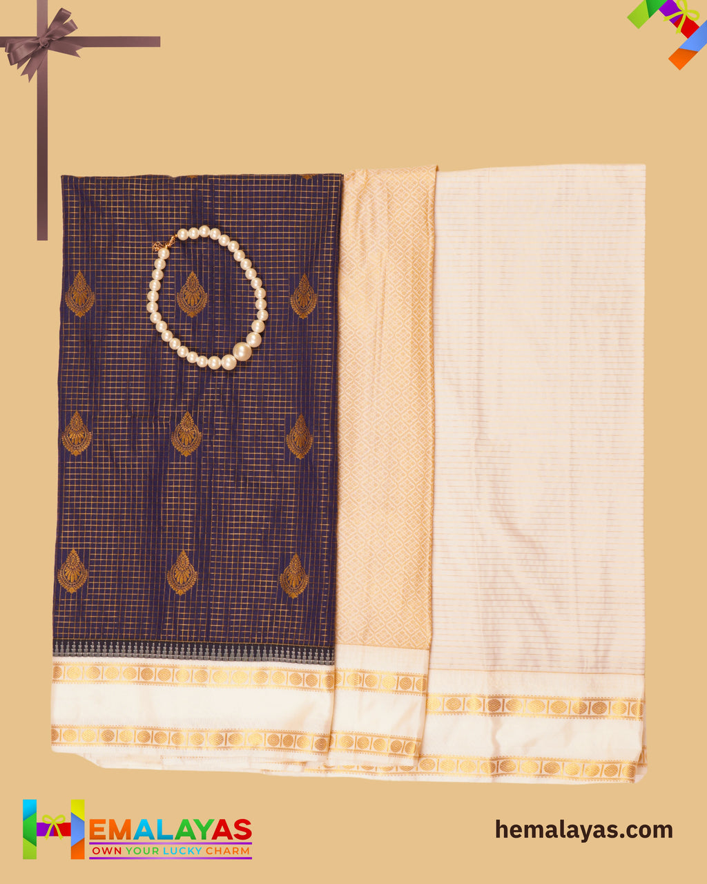 Navy Blue & Cream Vaira Voosi Kanchi Semi Silk Saree