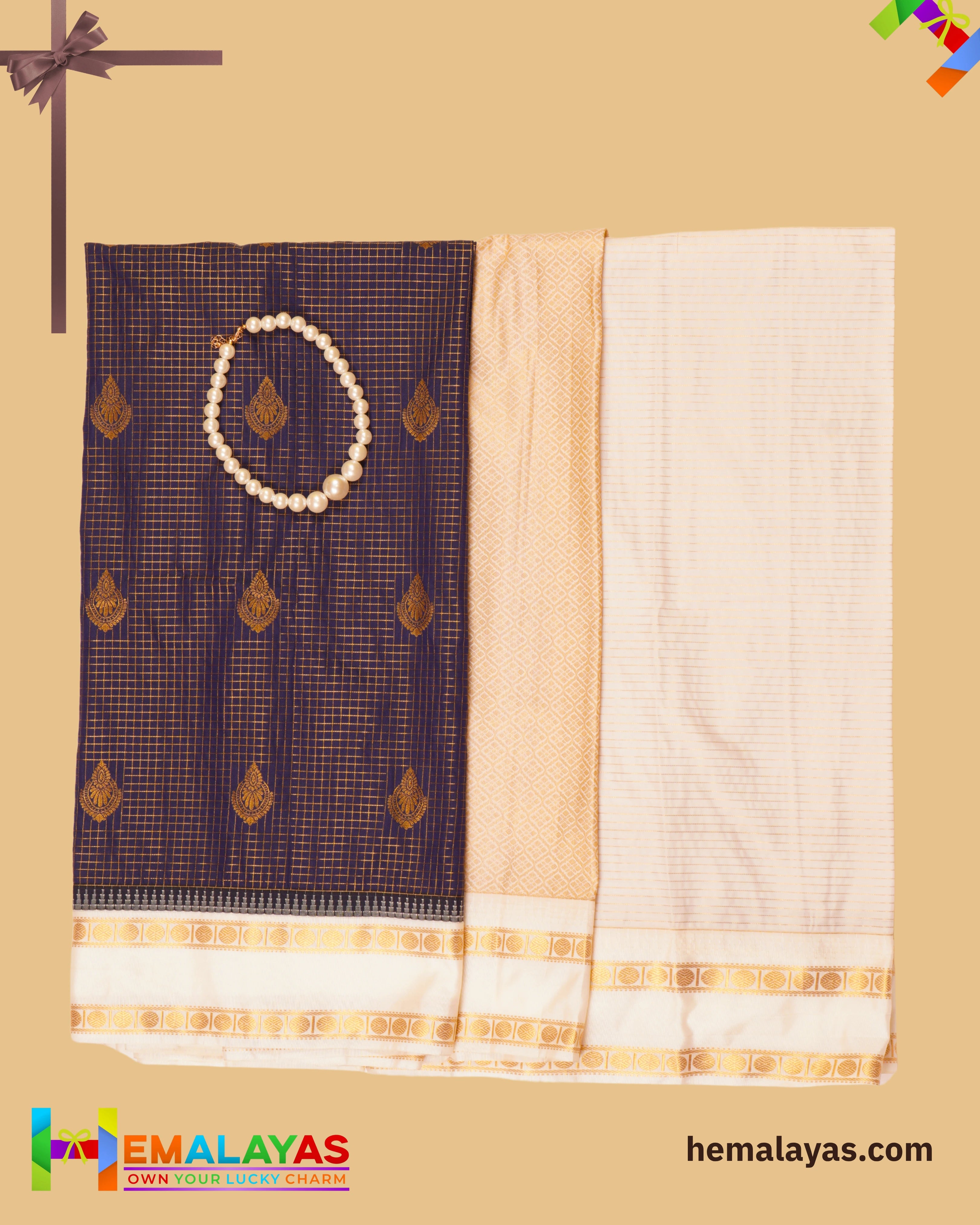 Navy Blue & Cream Vaira Voosi Kanchi Semi Silk Saree