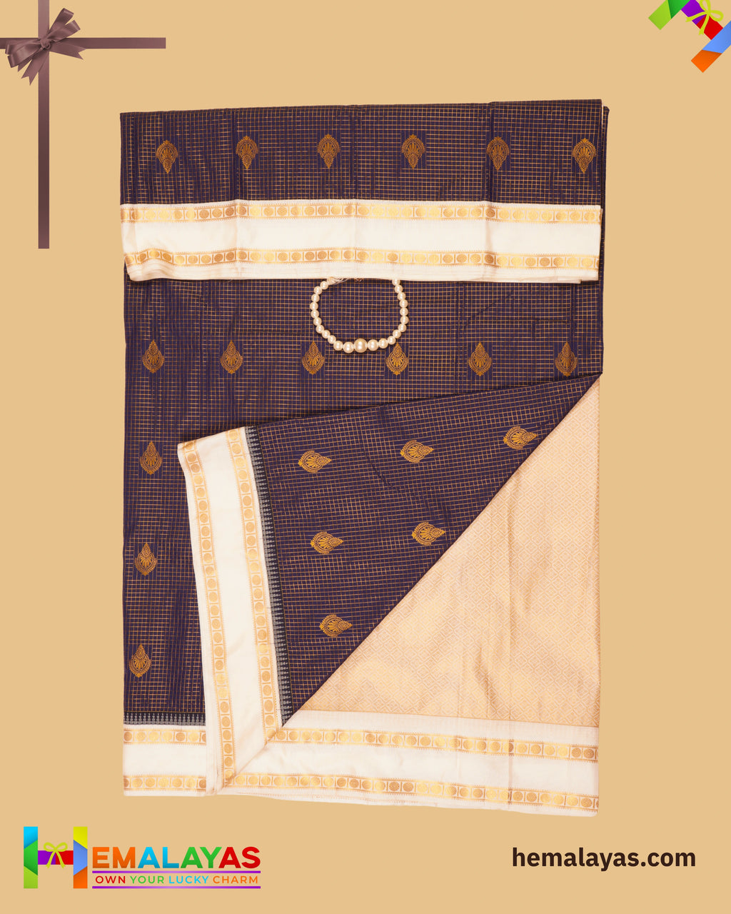 Navy Blue & Cream Vaira Voosi Kanchi Semi Silk Saree