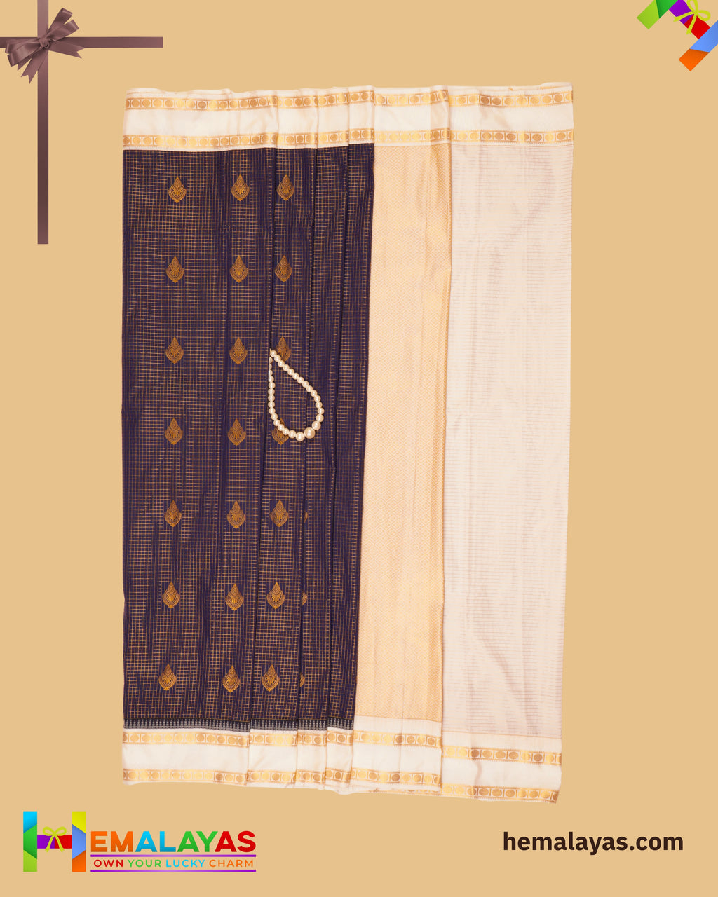 Navy Blue & Cream Vaira Voosi Kanchi Semi Silk Saree