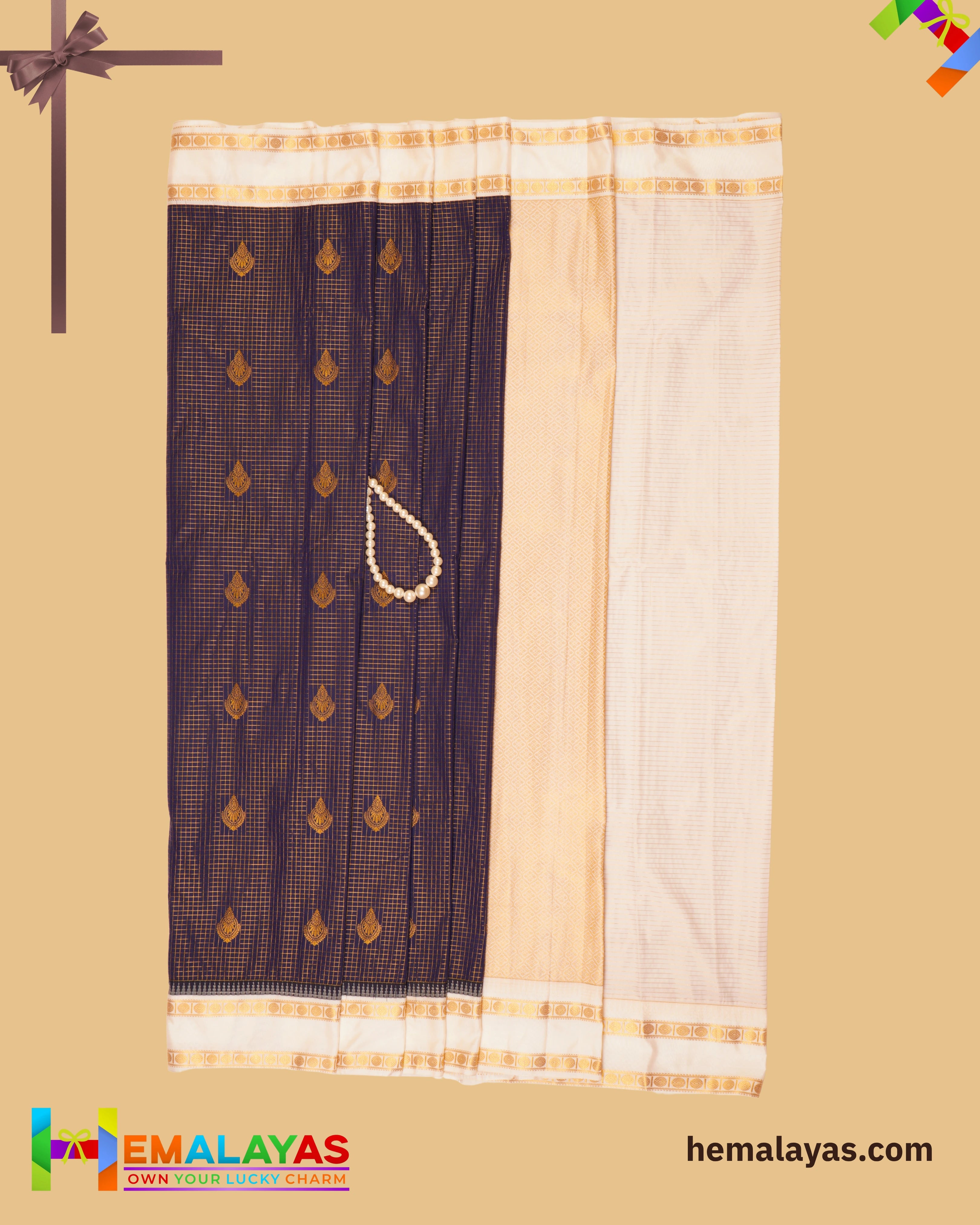 Navy Blue & Cream Vaira Voosi Kanchi Semi Silk Saree
