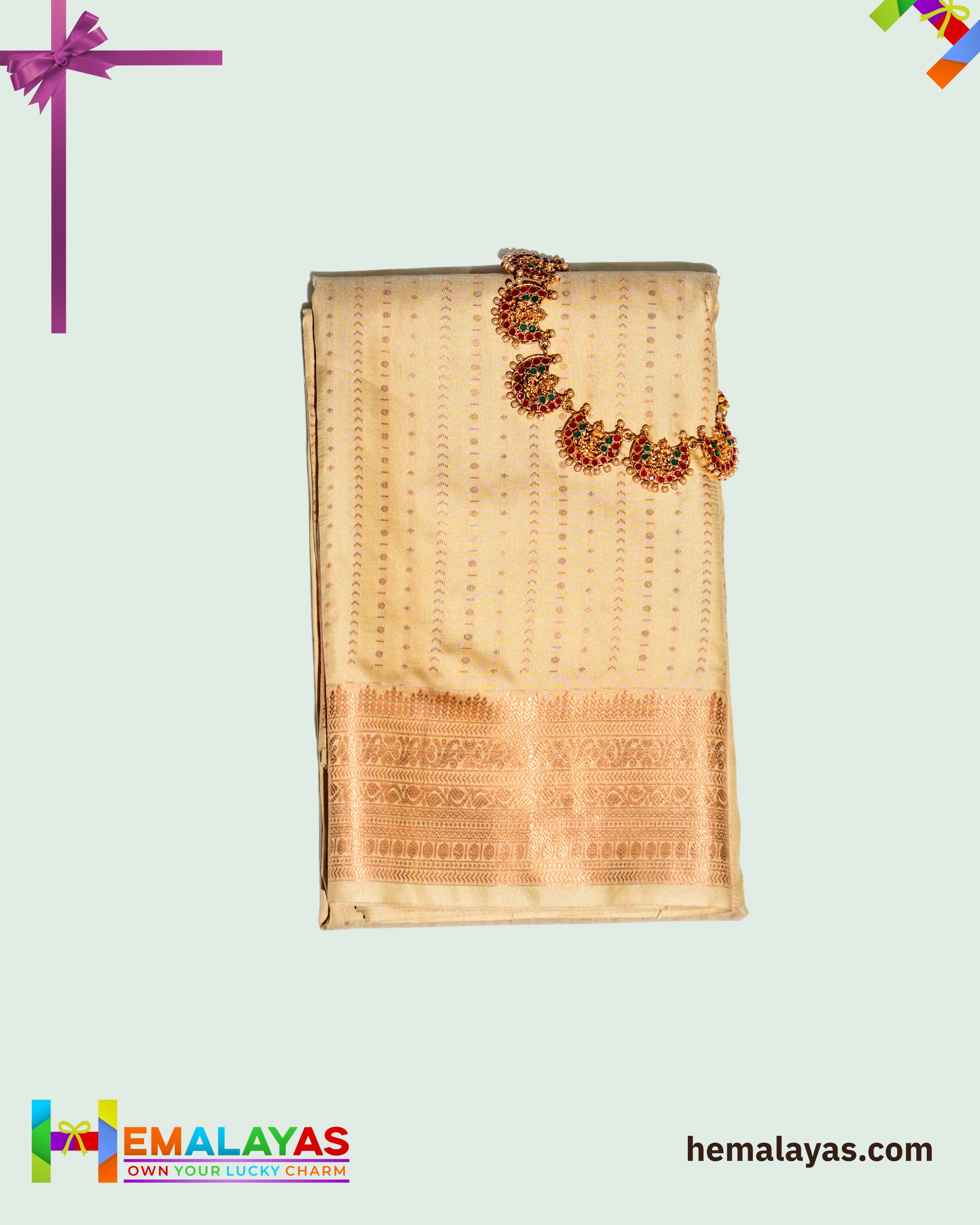 Cream Gold Meena Brocade Semi-Silk Saree