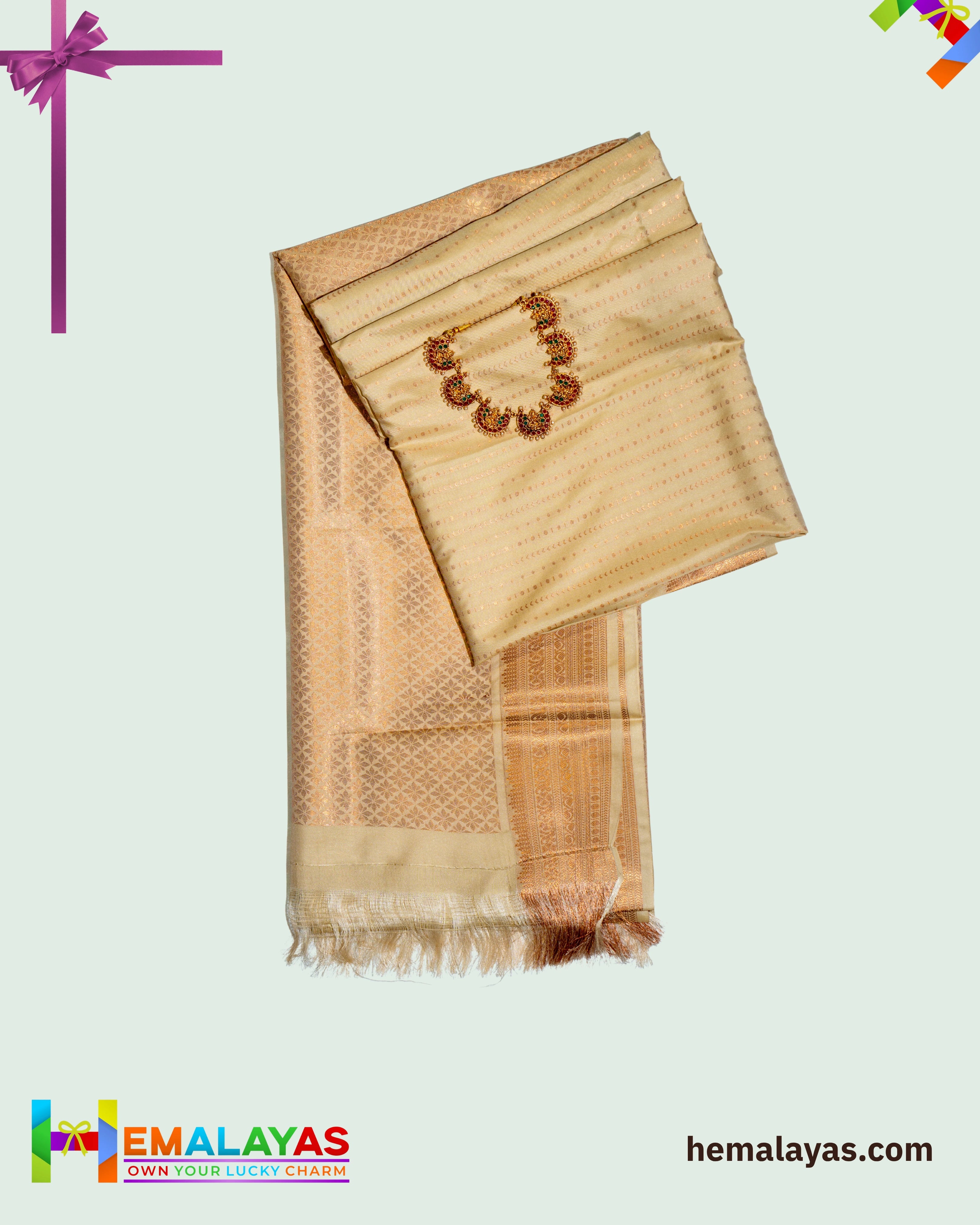 Cream Gold Meena Brocade Semi-Silk Saree