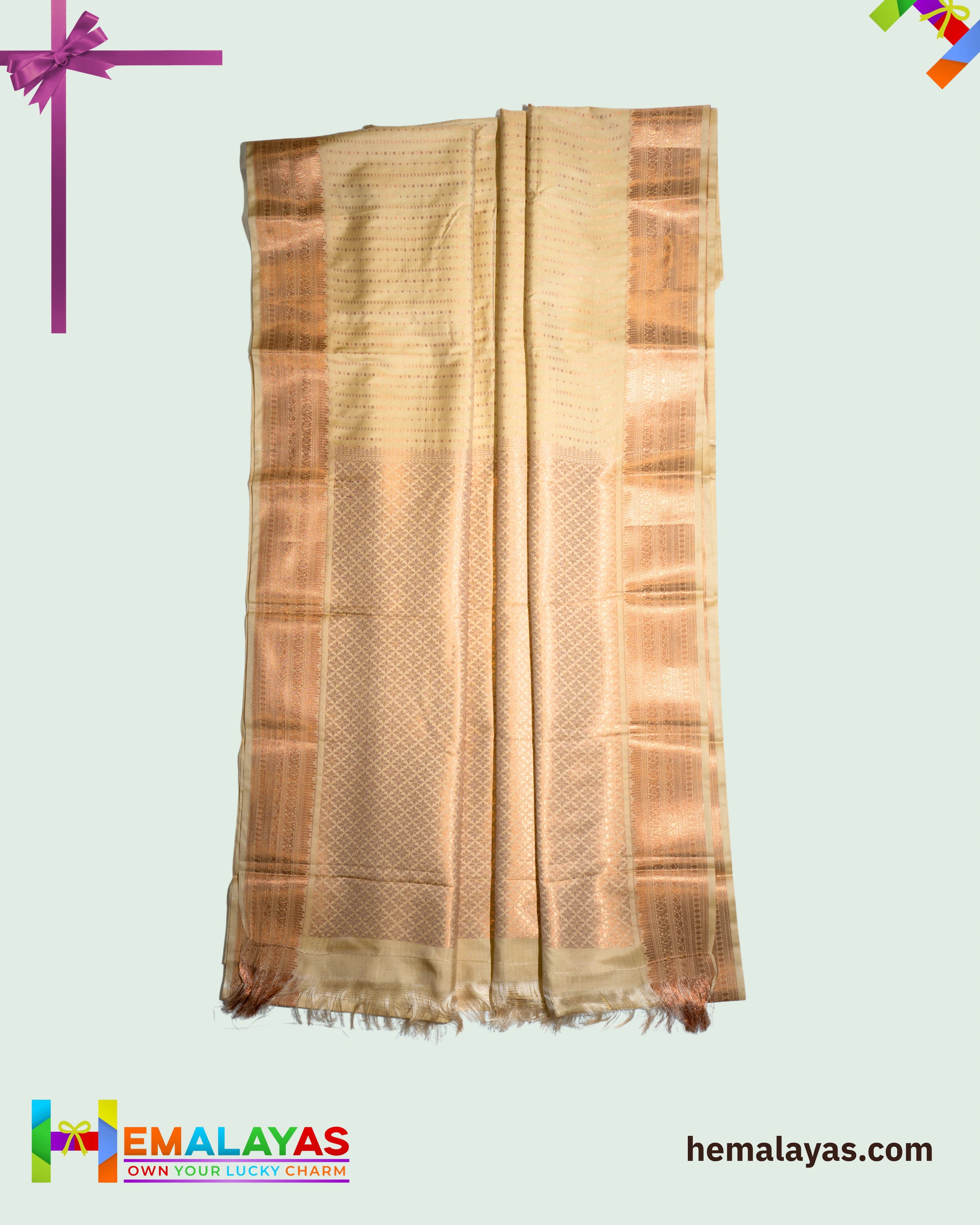 Cream Gold Meena Brocade Semi-Silk Saree