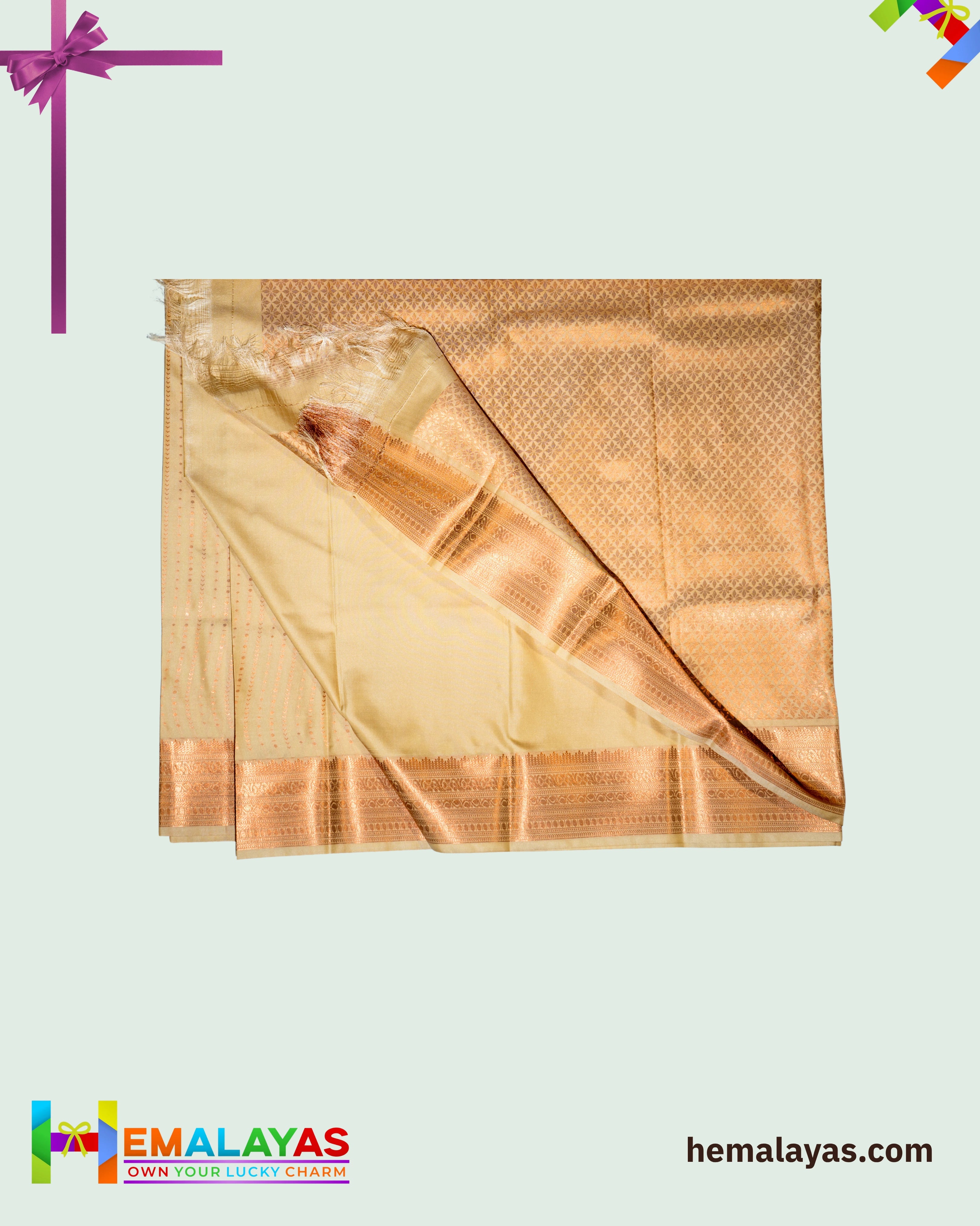 Cream Gold Meena Brocade Semi-Silk Saree