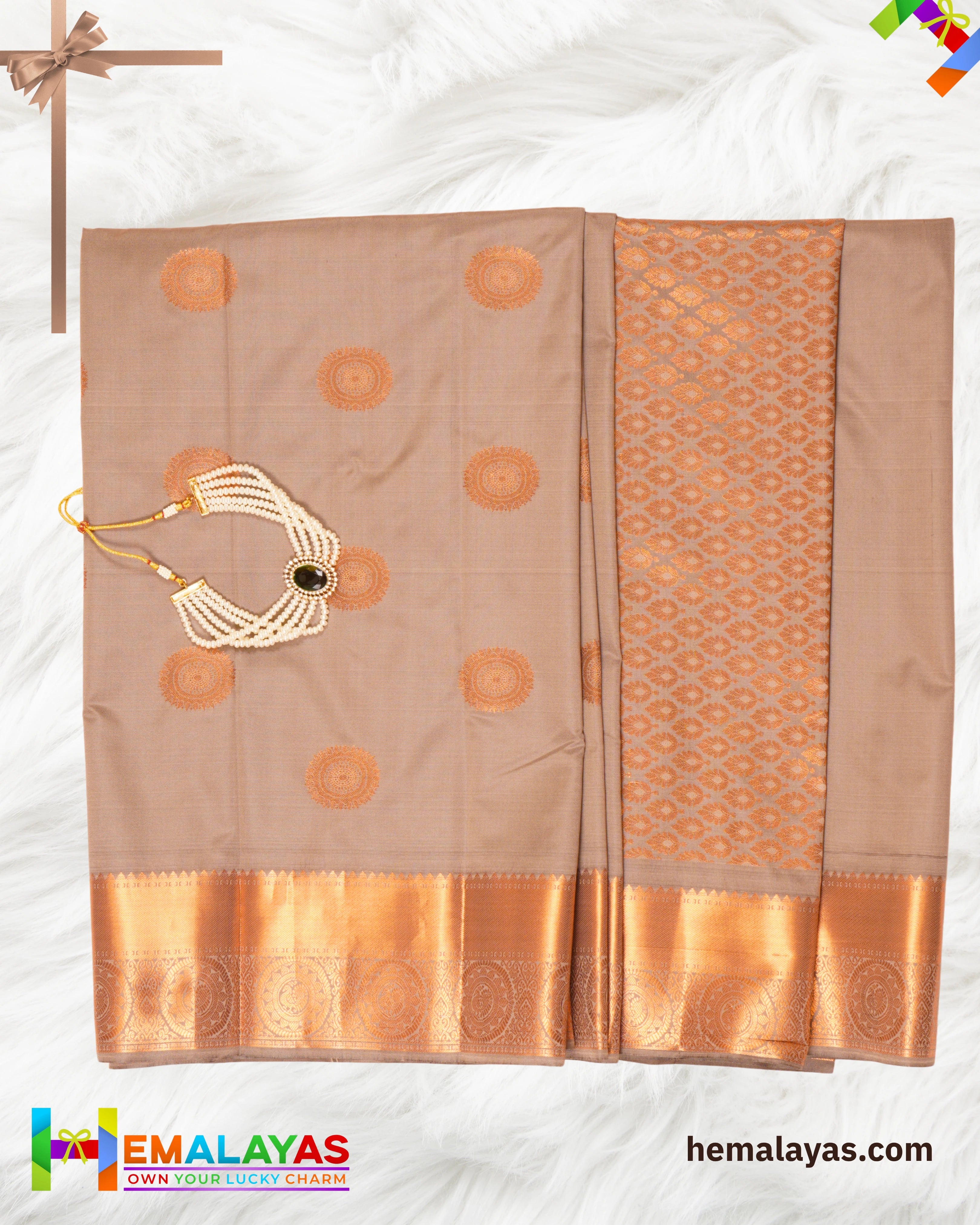 Classic Grey Zari Butta Semi-Silk Saree