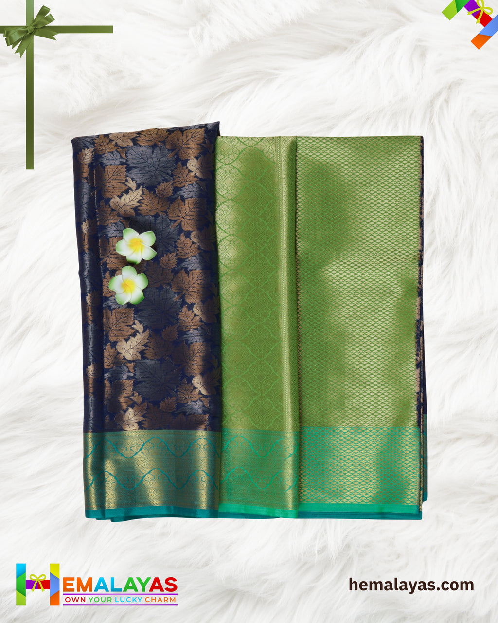 Navy Blue and Vibrant Green Kanchi Mix Bridal Tissue Saree