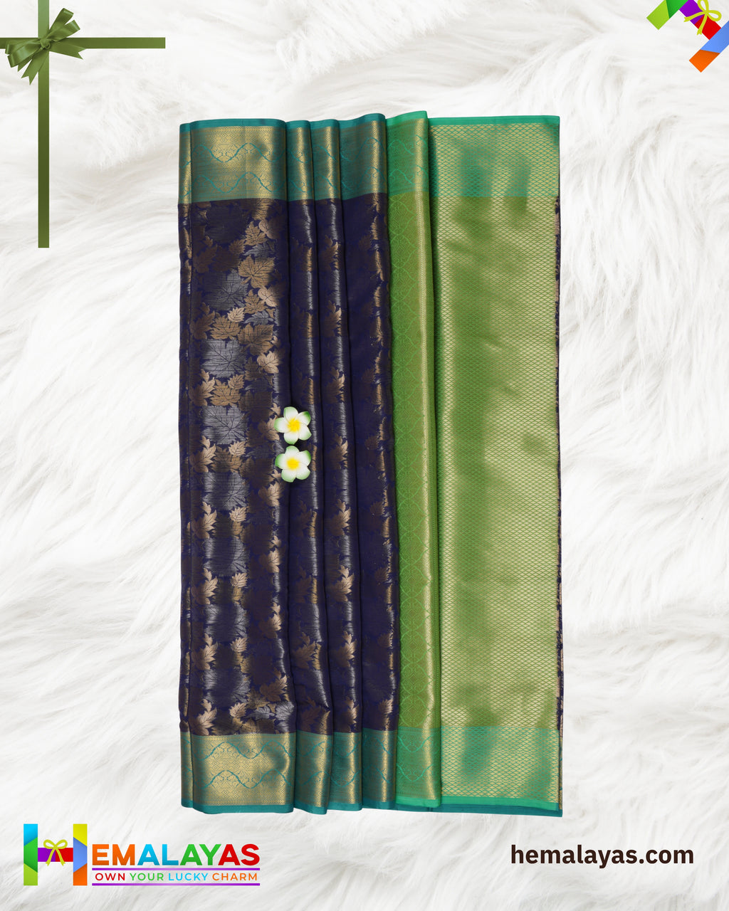 Navy Blue and Vibrant Green Kanchi Mix Bridal Tissue Saree