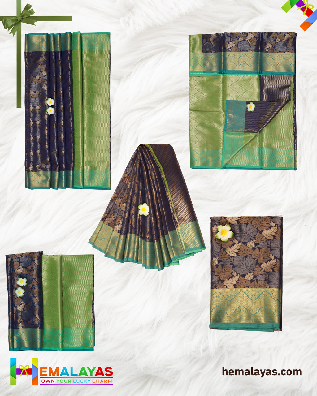 Navy Blue and Vibrant Green Kanchi Mix Bridal Tissue Saree