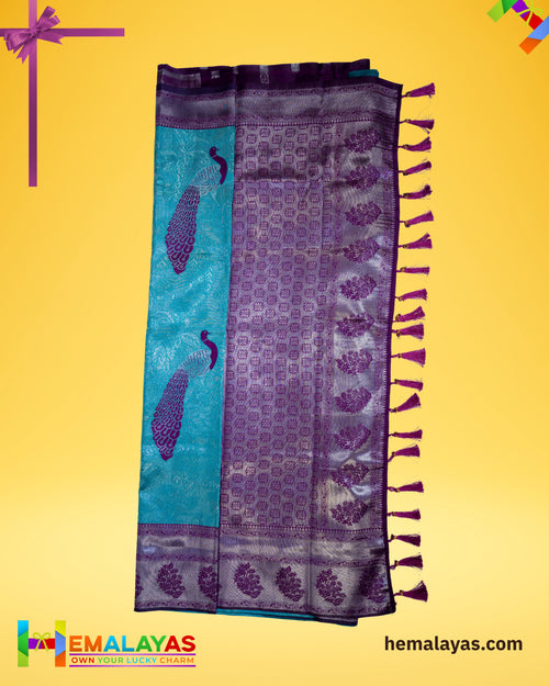 Aqua Blue and Royal Purple Kanchipuram Semi-Silk Saree